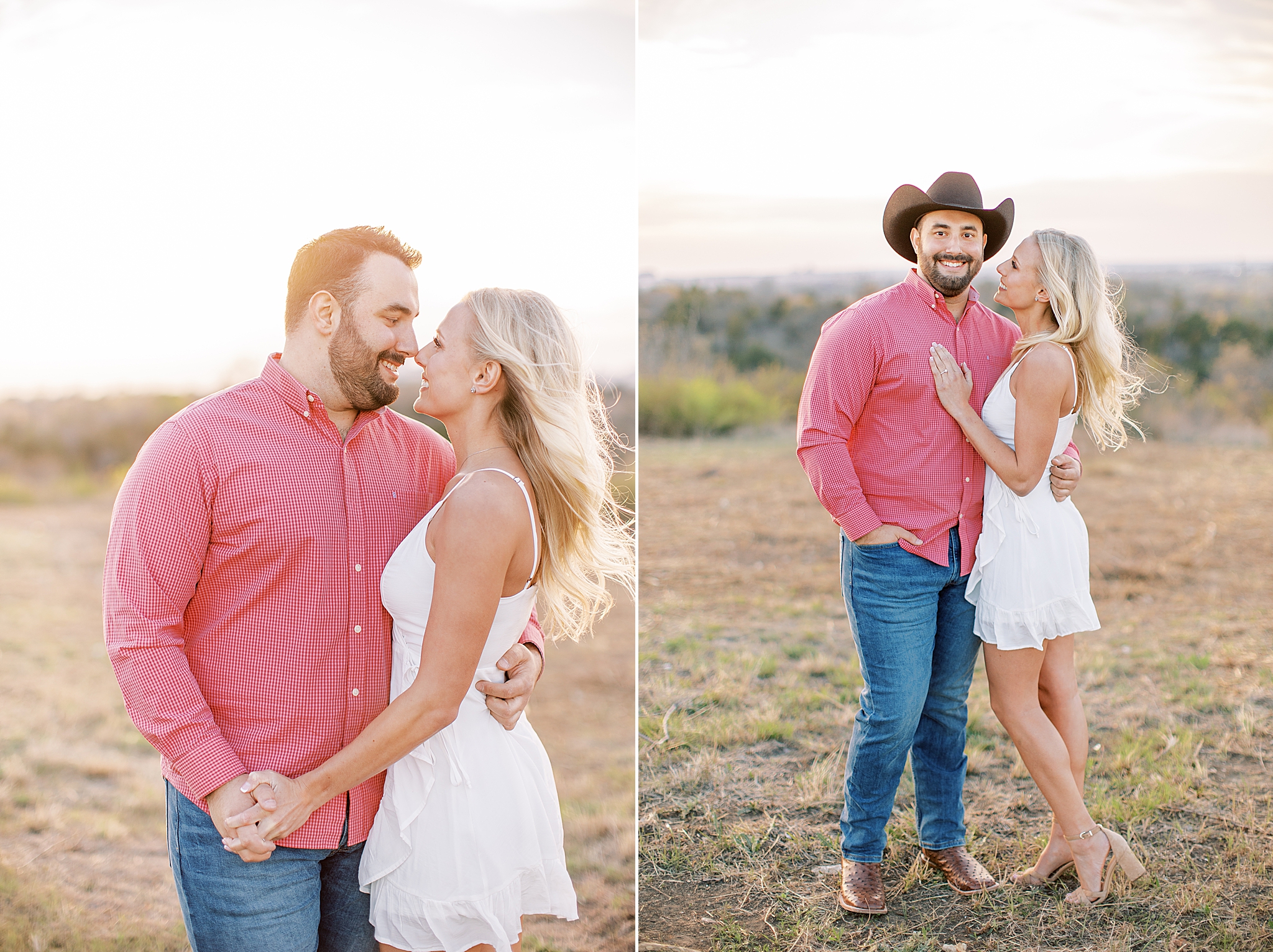 bride and groom hold hands nuzzling noses during Tandy Hills engagement session