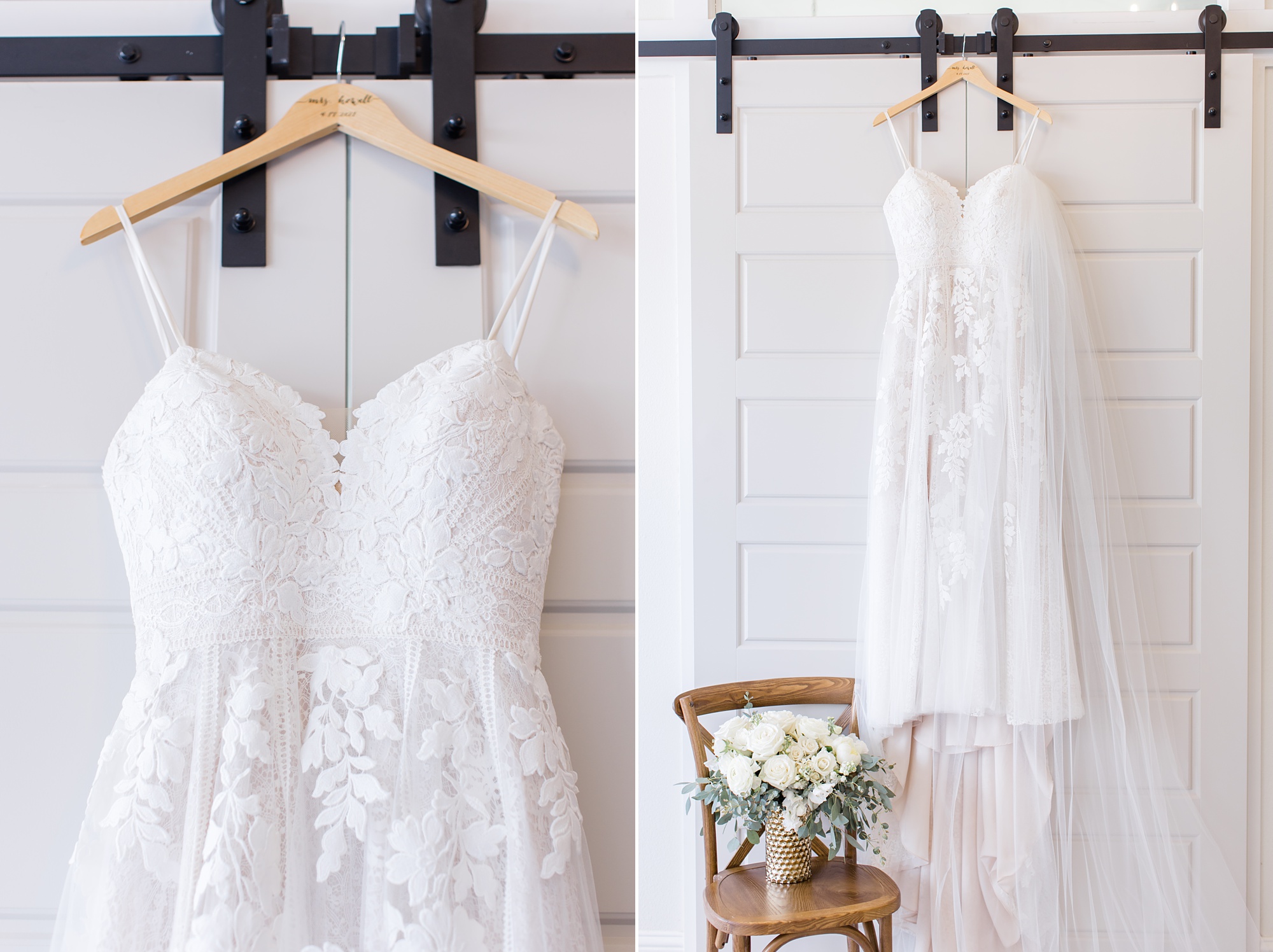 bride's dress hangs on door at Oak + Ivy