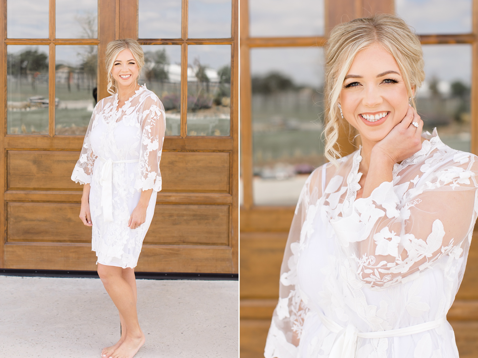 bride poses in lace robe outside Oak + Ivy