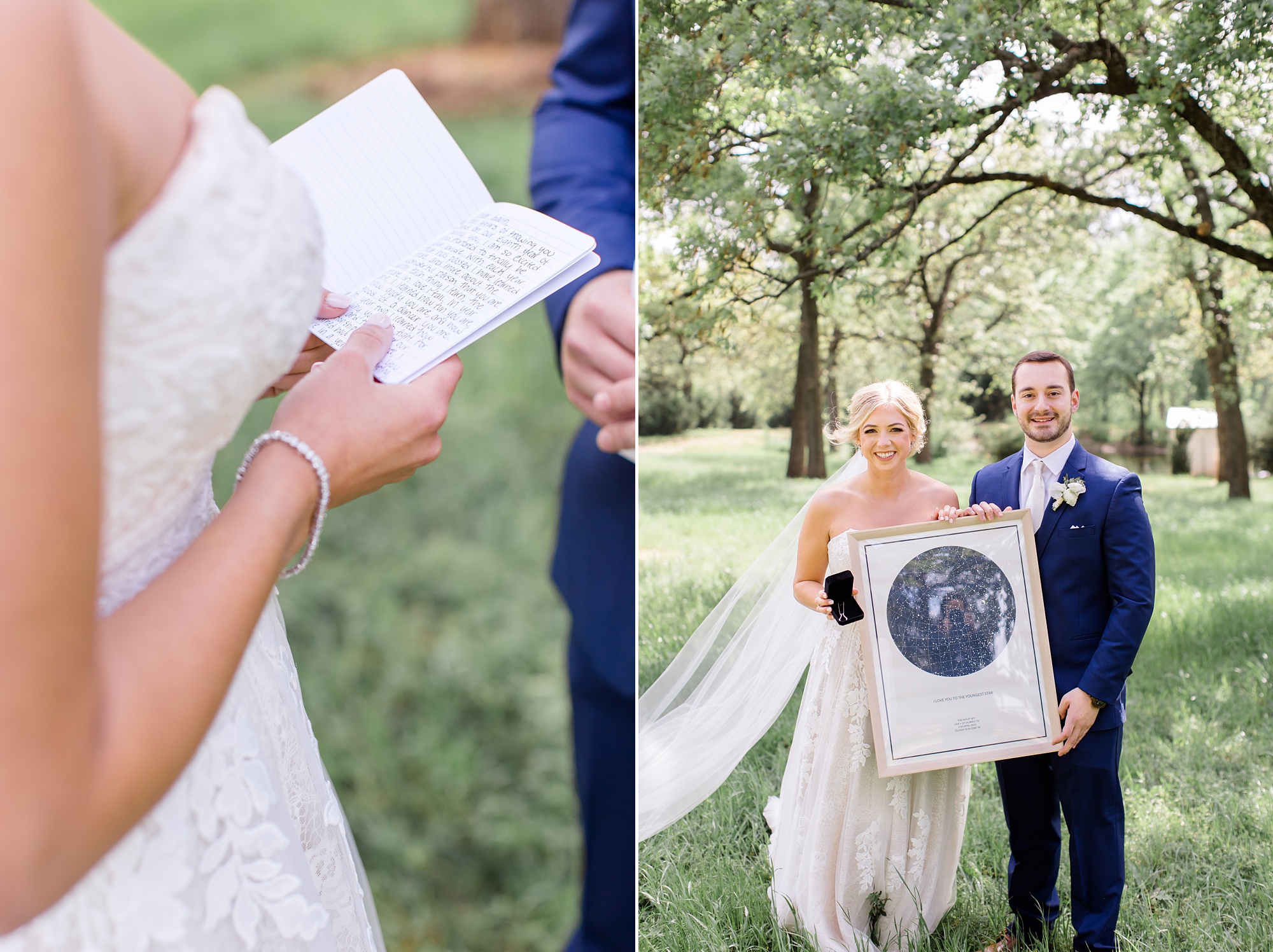 bride and groom hold gift during TX first look