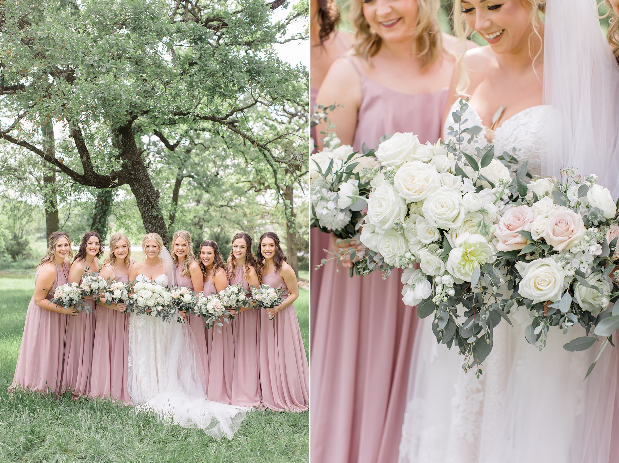 bride and bridesmaids pose in dusty pink dresses