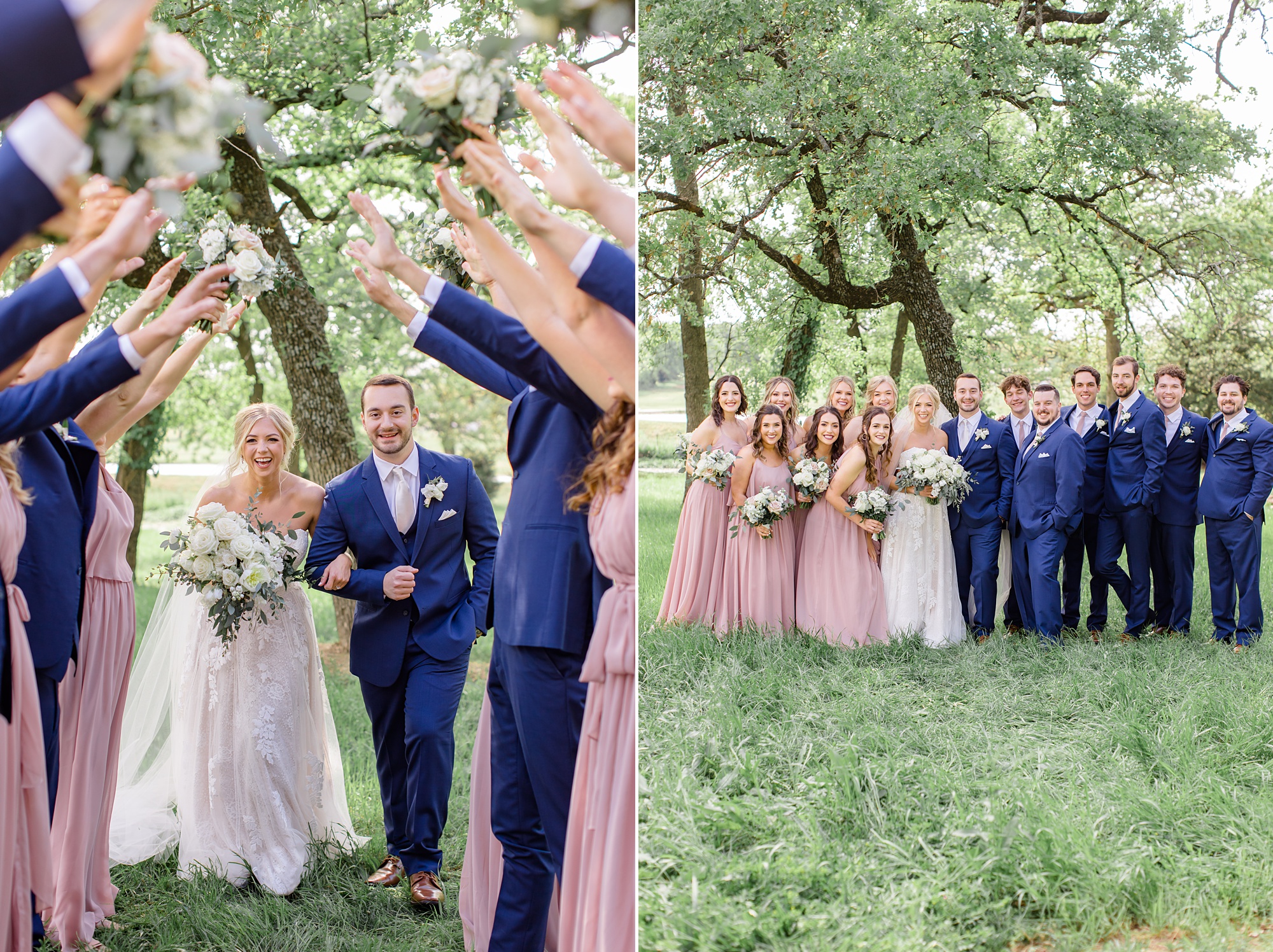 spring wedding party cheers for bride and groom