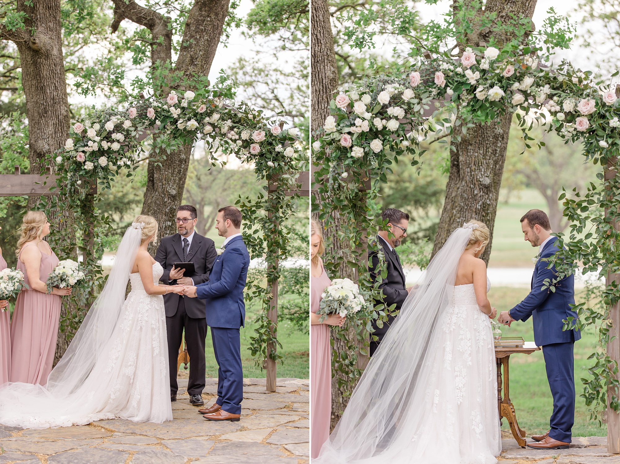 classic outdoor wedding ceremony under floral arbor at Oak + Ivy