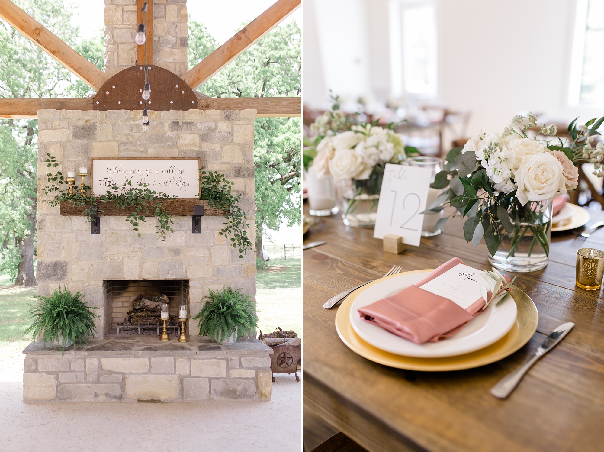 Texas wedding reception details with dusty pink and gold color palette