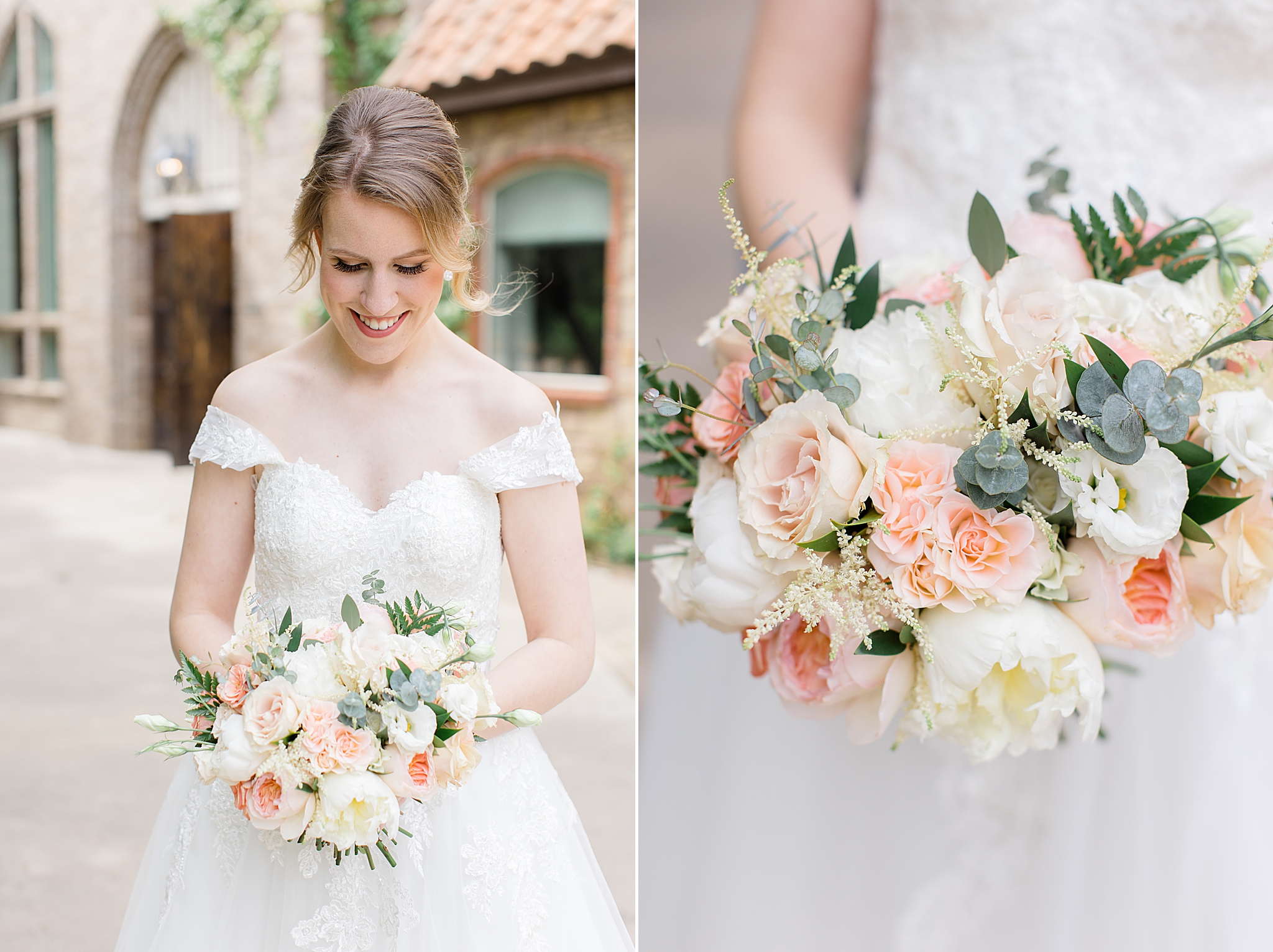 classic bride holds bouquet of pastel flowers in Texas