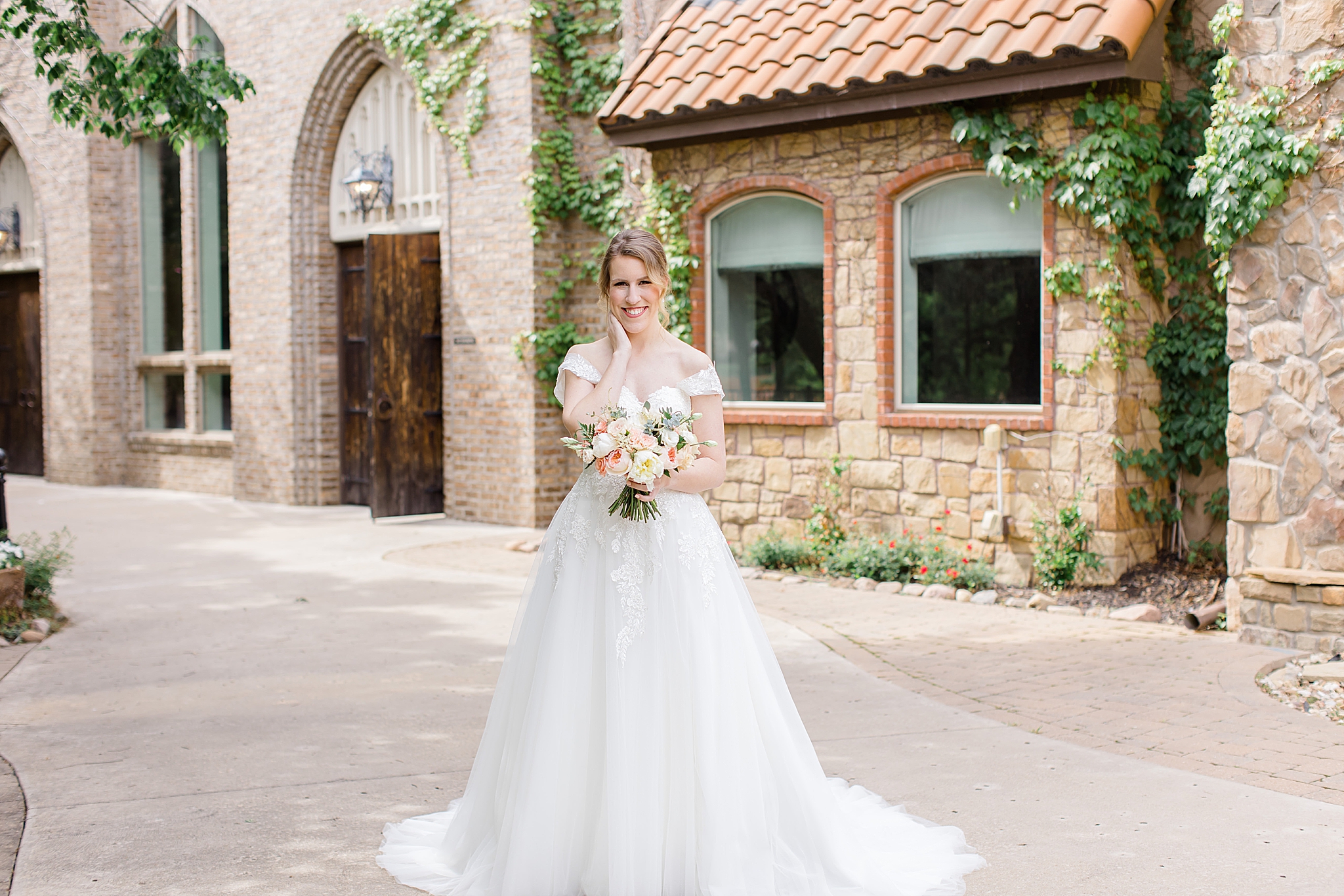 Mansfield TX bridal portraits with bride in off shoulder dress