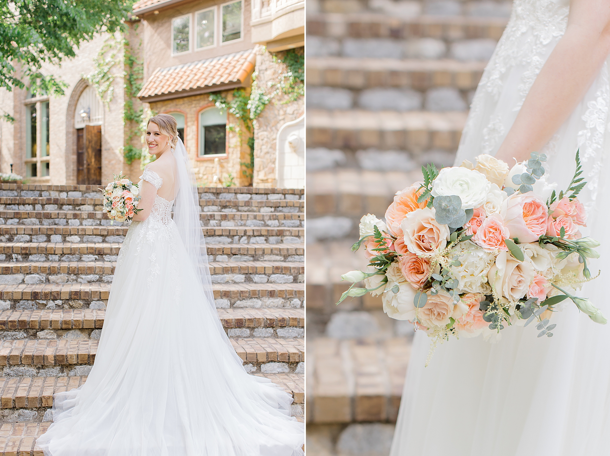 bride holds bouquet of pink and white flowers on steps in Texas