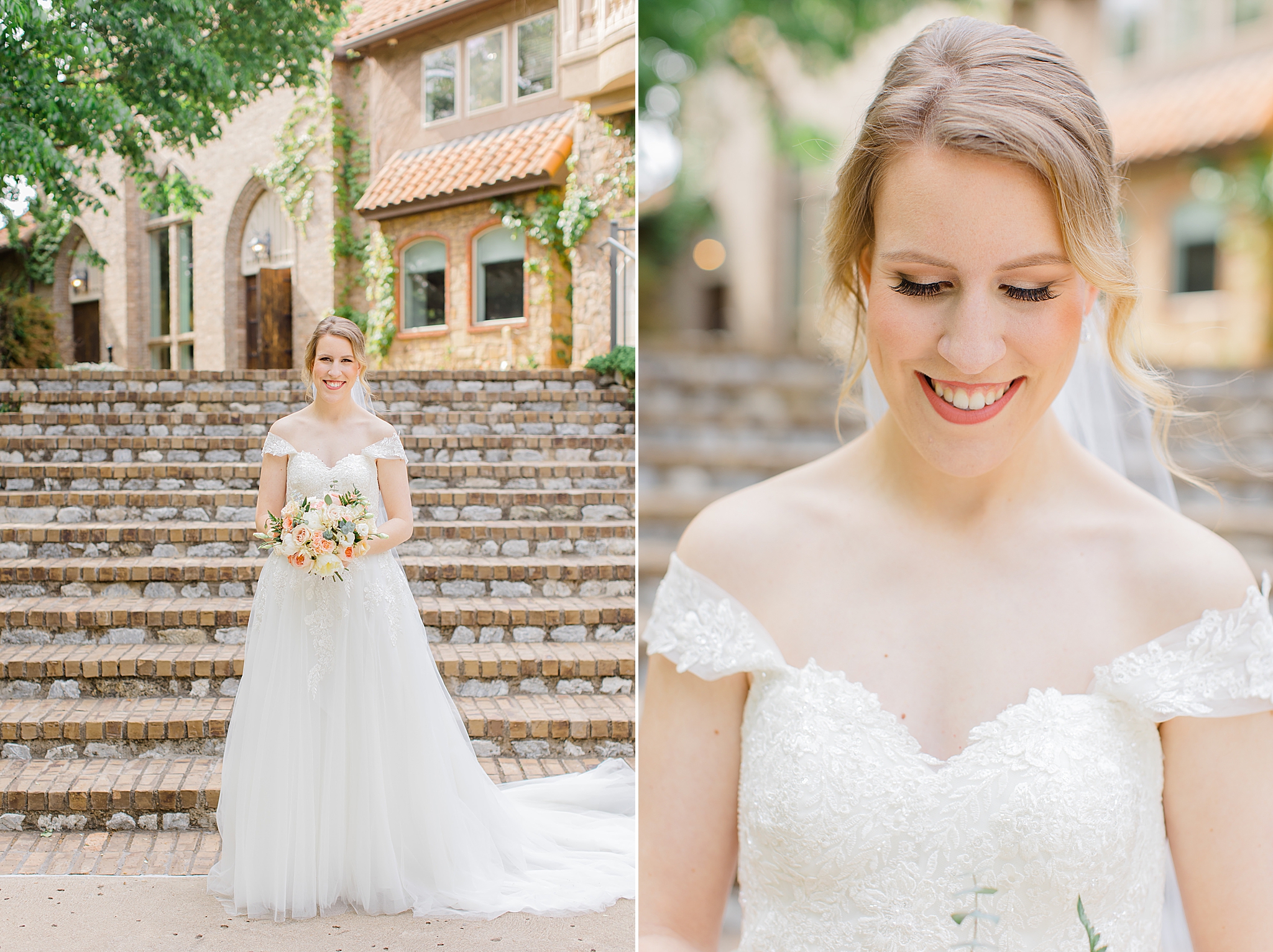 bride smiles down at bouquet during Aristide Mansfield bridal portraits 