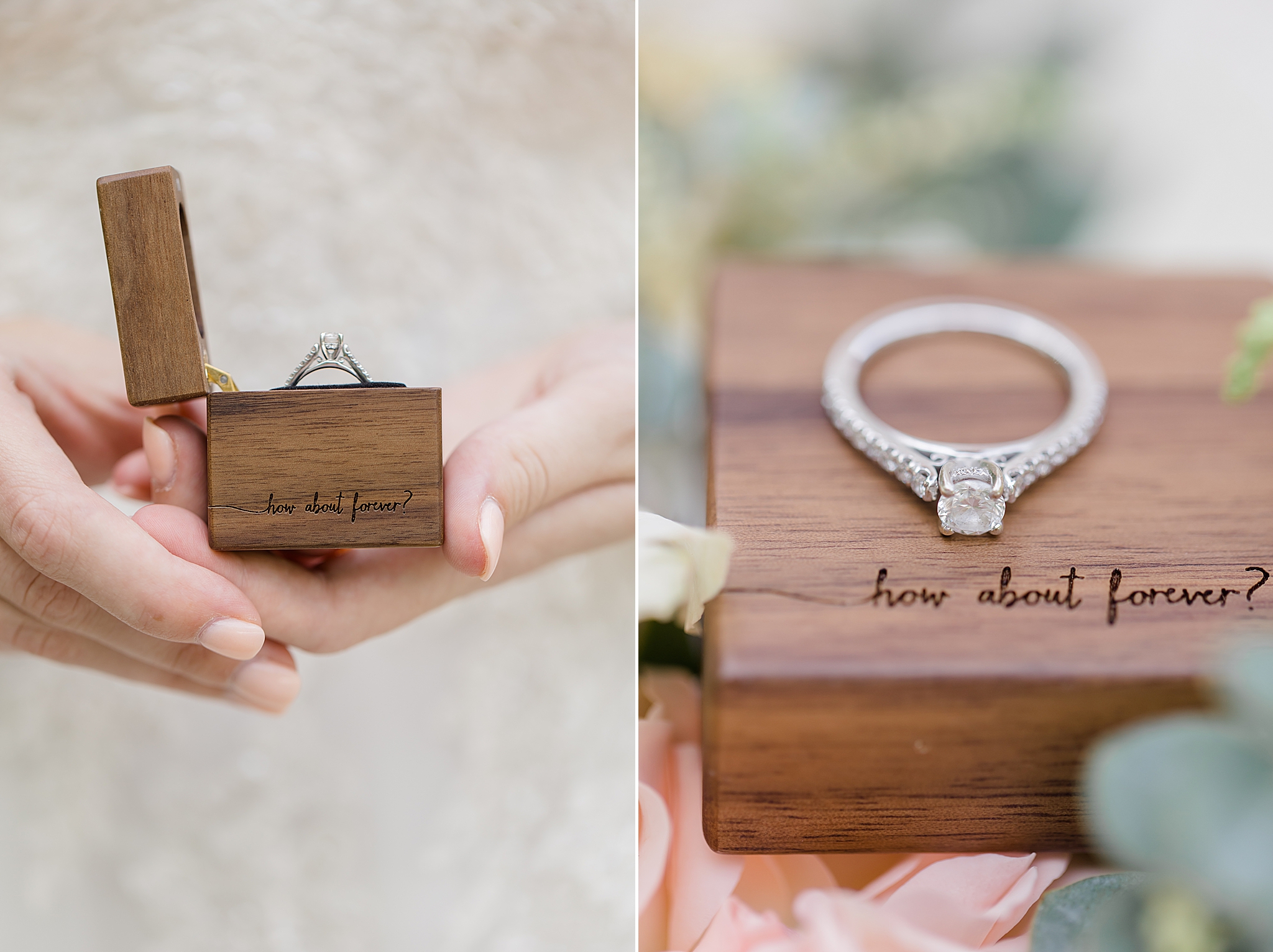 bride holds custom wooden ring box during bridal session