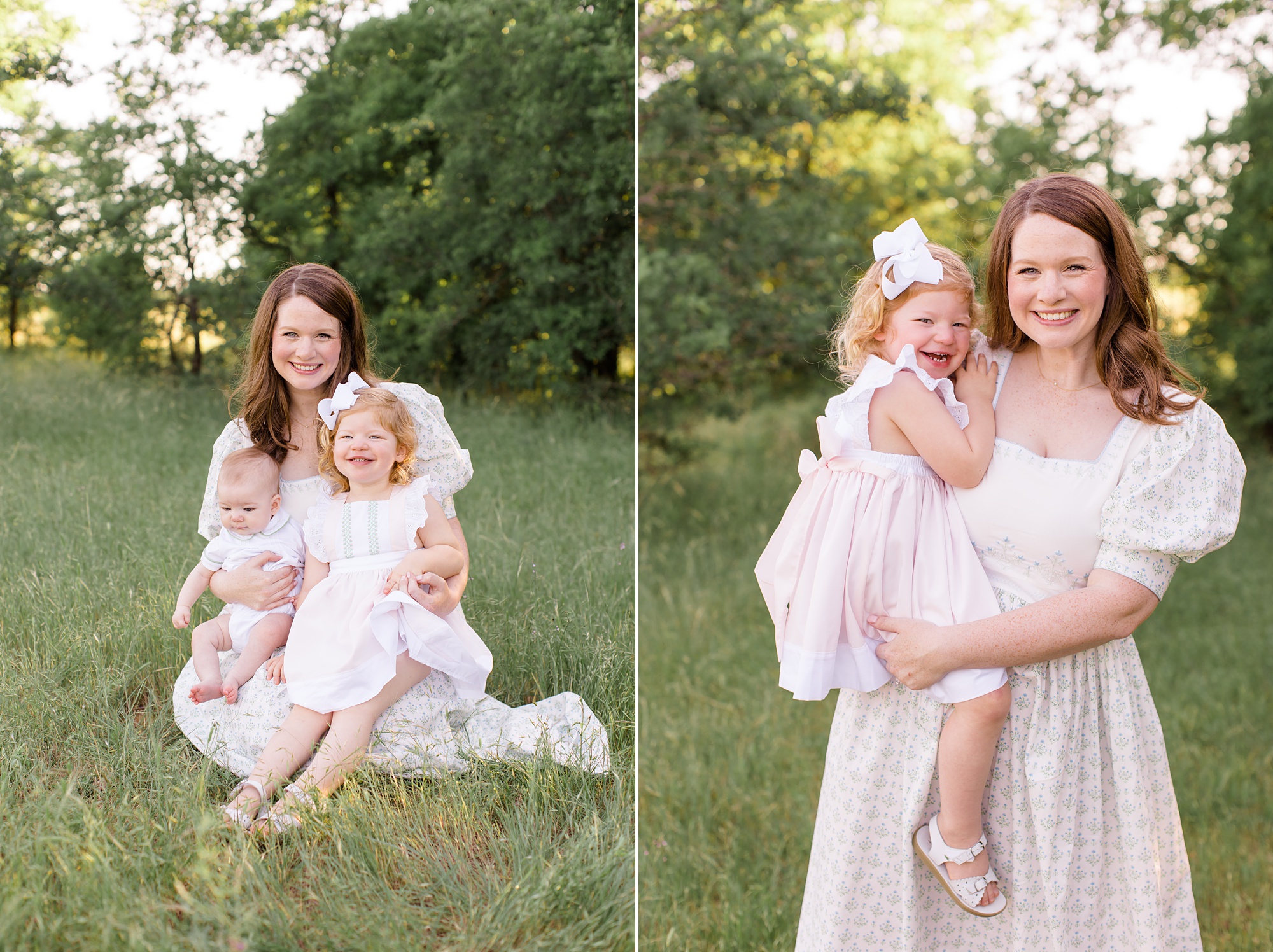 mom poses with daughter and son during family photos in the spring