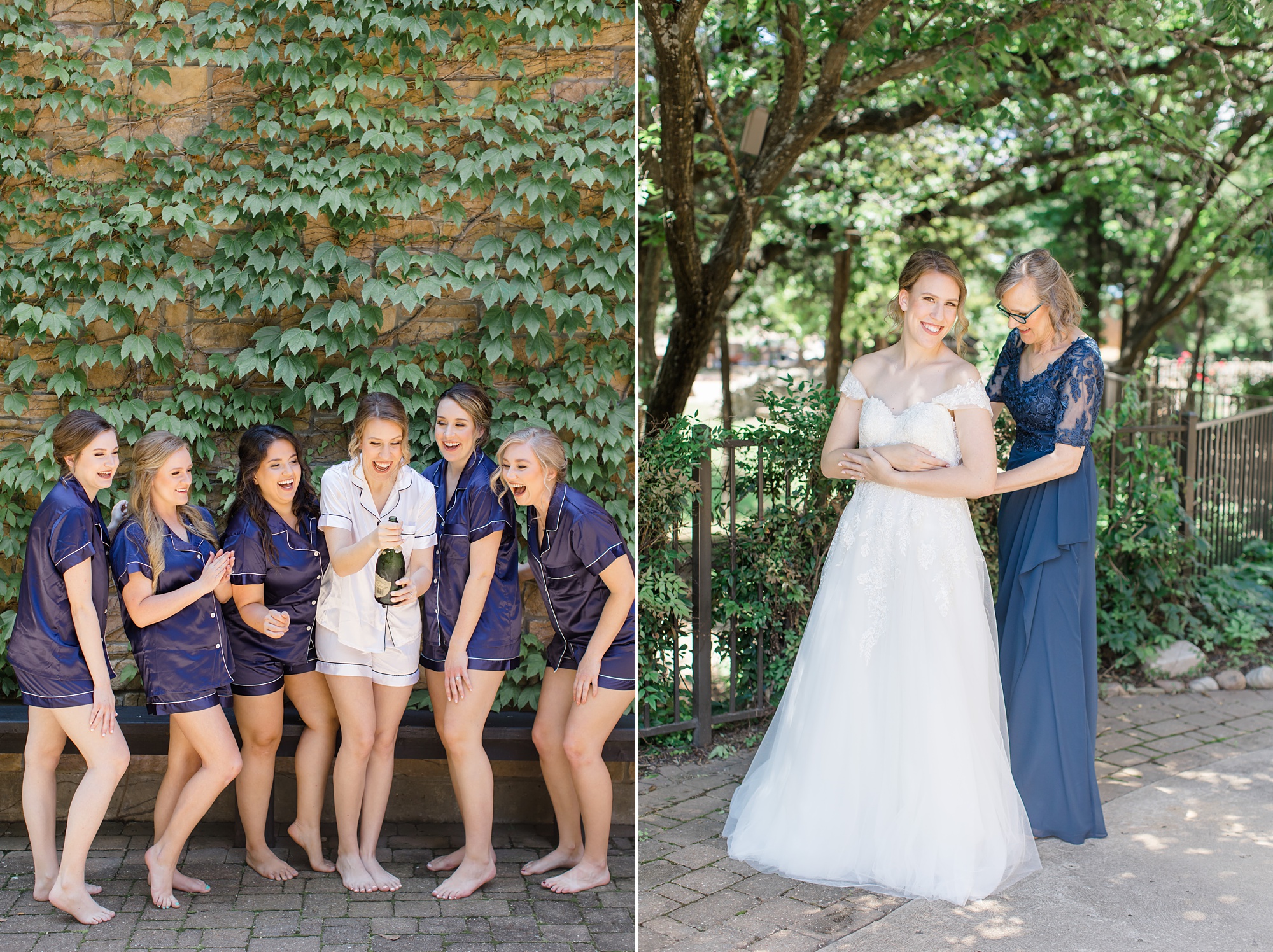 bride and bridesmaids pop champagne in navy pajamas