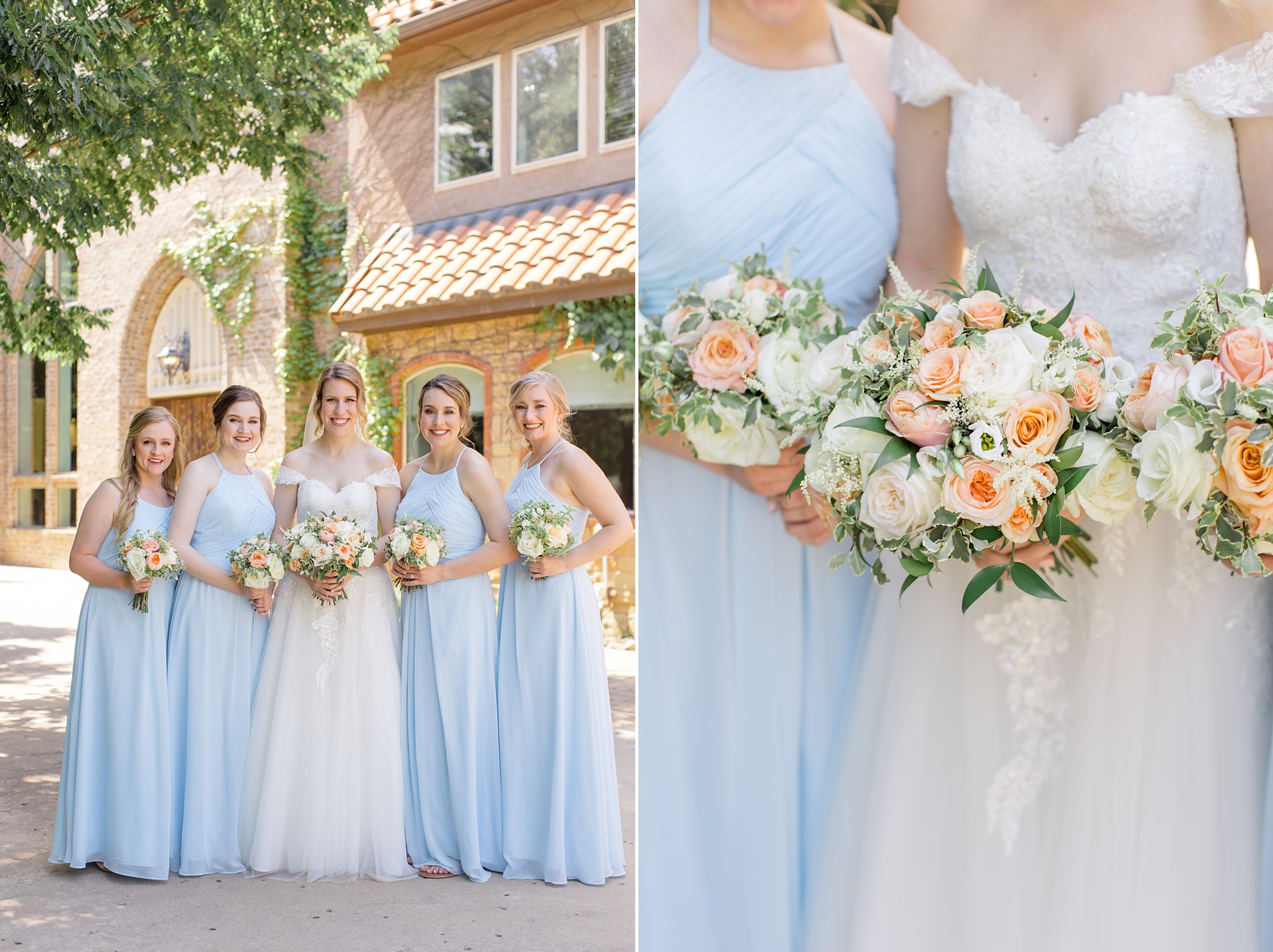 bride and bridesmaids pose in pastel blue gowns
