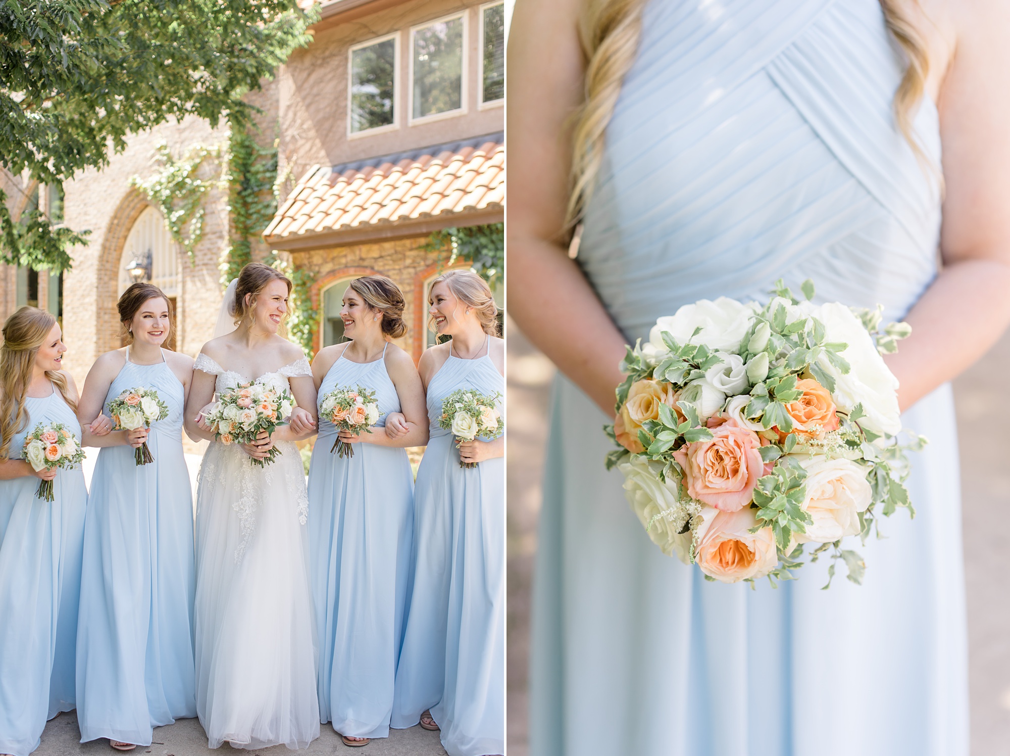 bridesmaids in light blue gowns hold bouquets of peach and ivory flowers