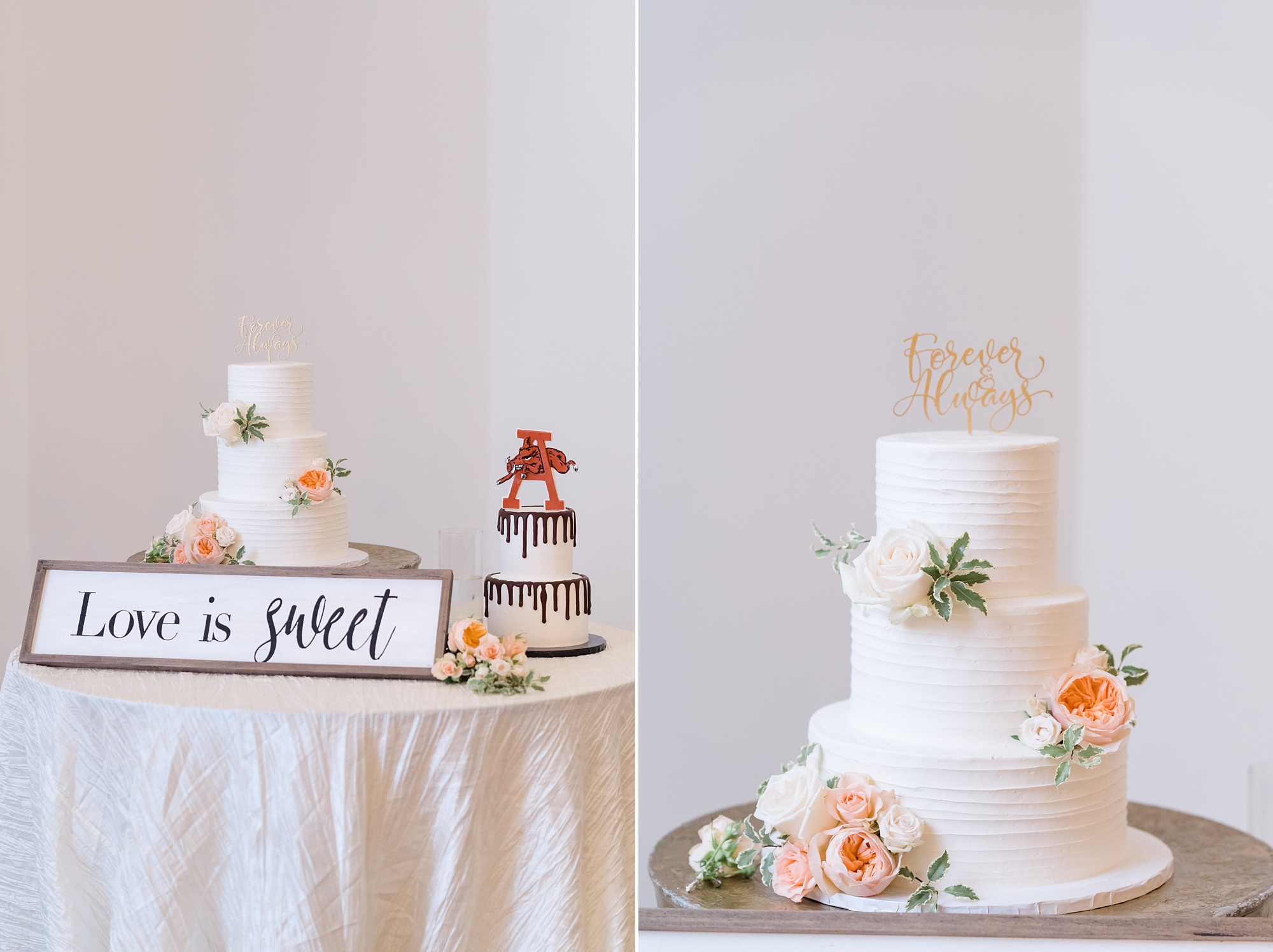 cake table with tiered wedding cake and groom's cake