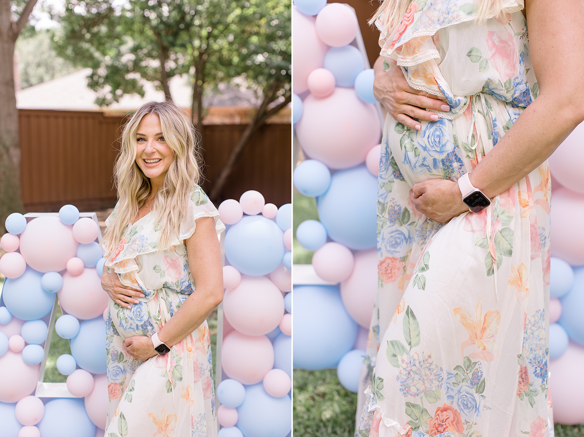 mom-to-be hugs belly during maternity photos in backyard