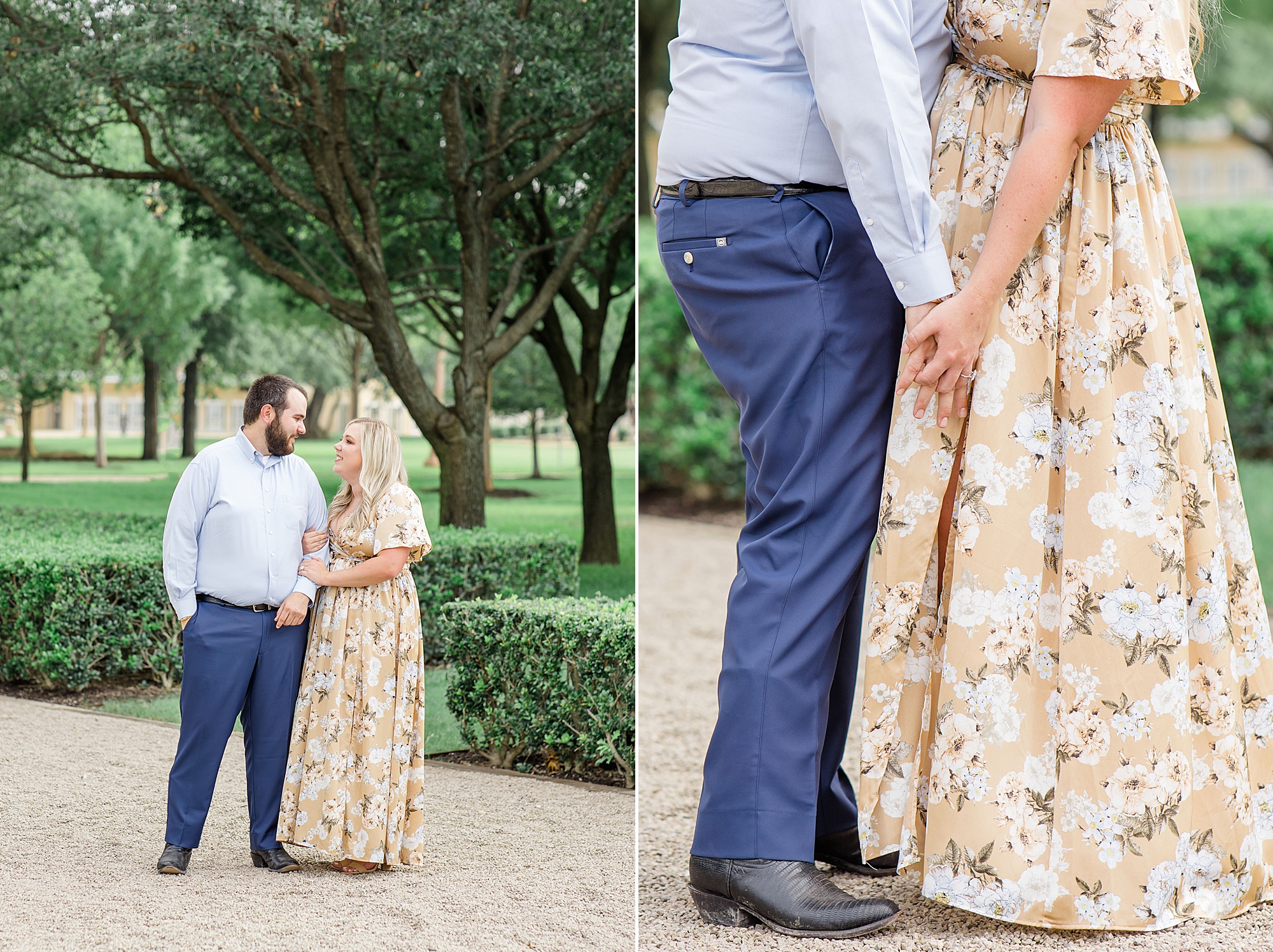 bride and groom hold hands standing in gardens at Kimball Art Museum