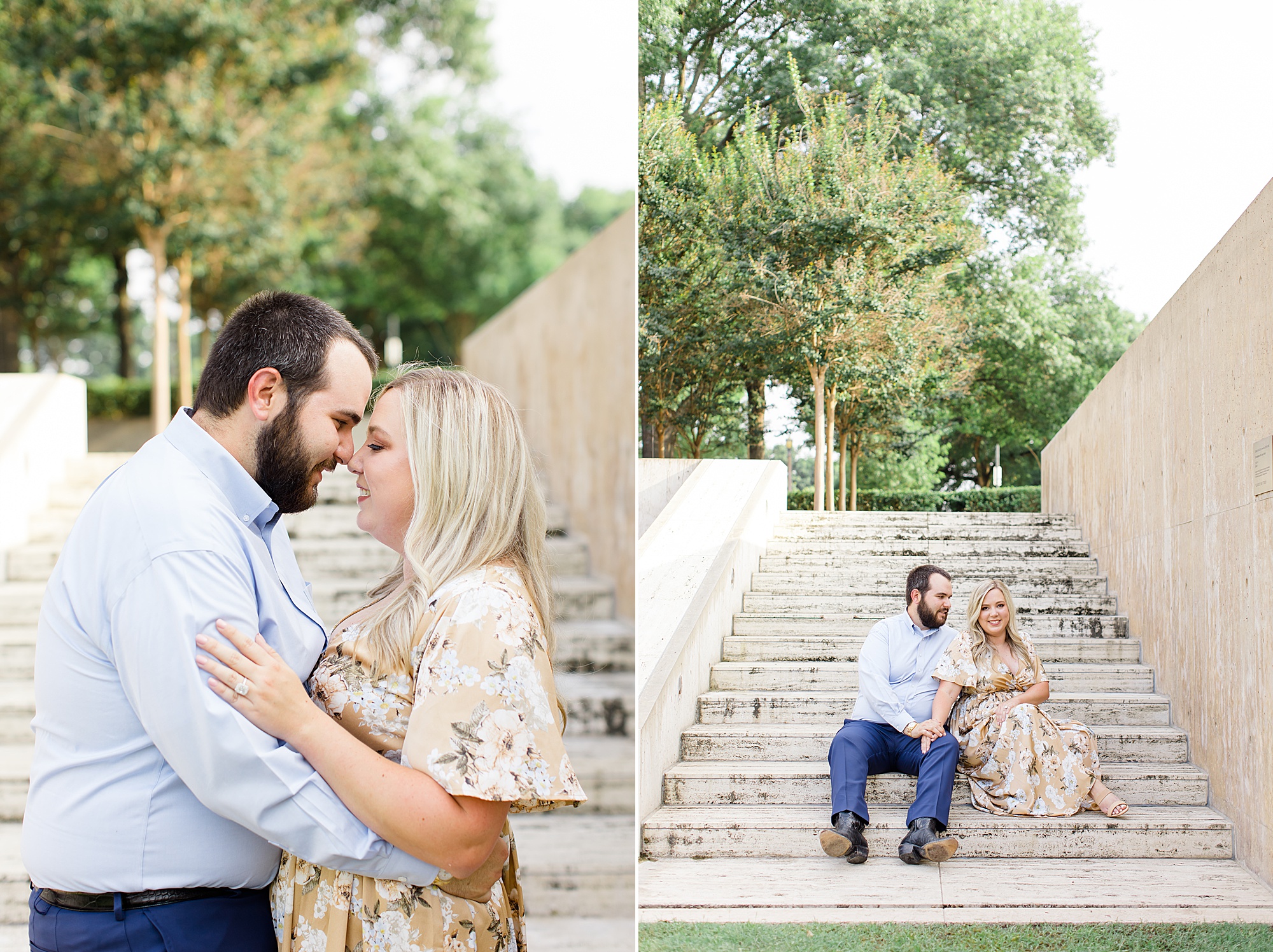 engaged couple stands on steps during TX engagement photos