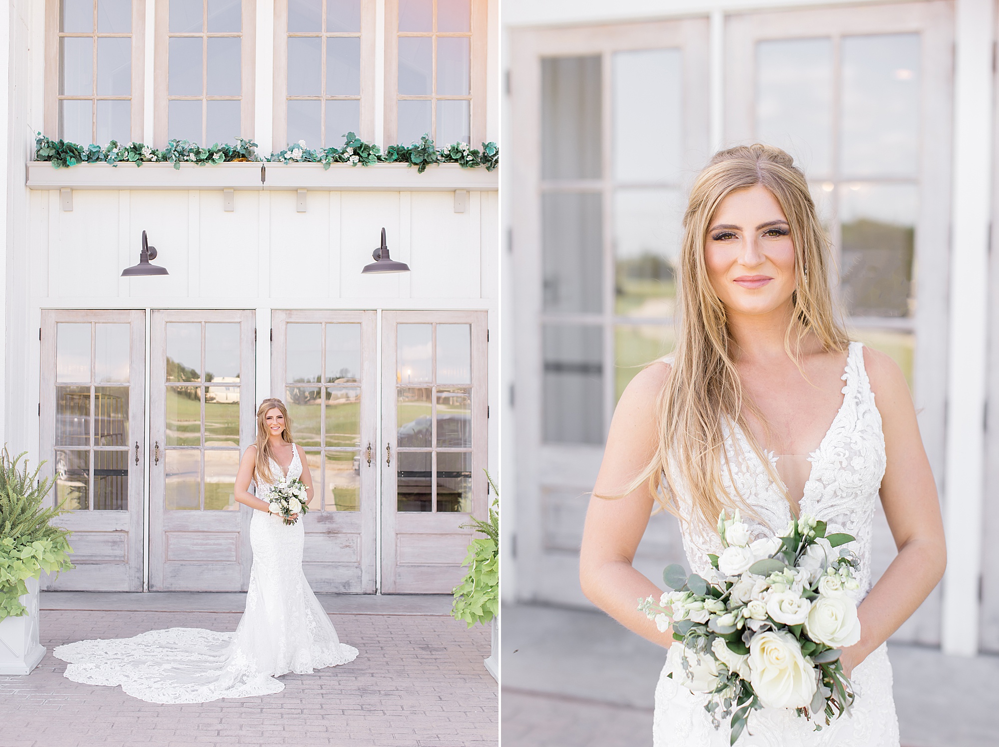 The Grand Ivory bridal session with bride in lace gown with white bouquet 