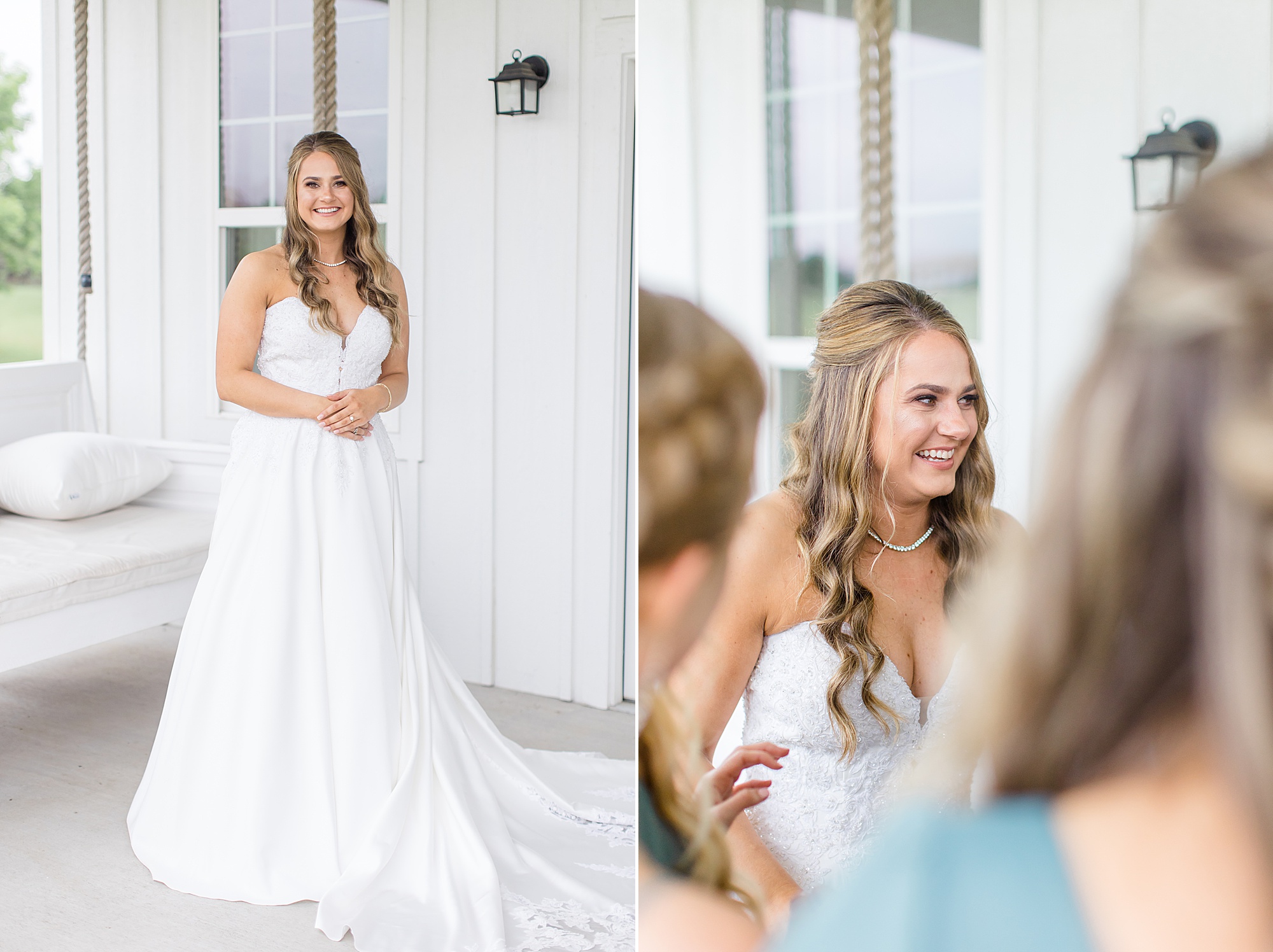 bride has first look with bridesmaids at Texas wedding venue