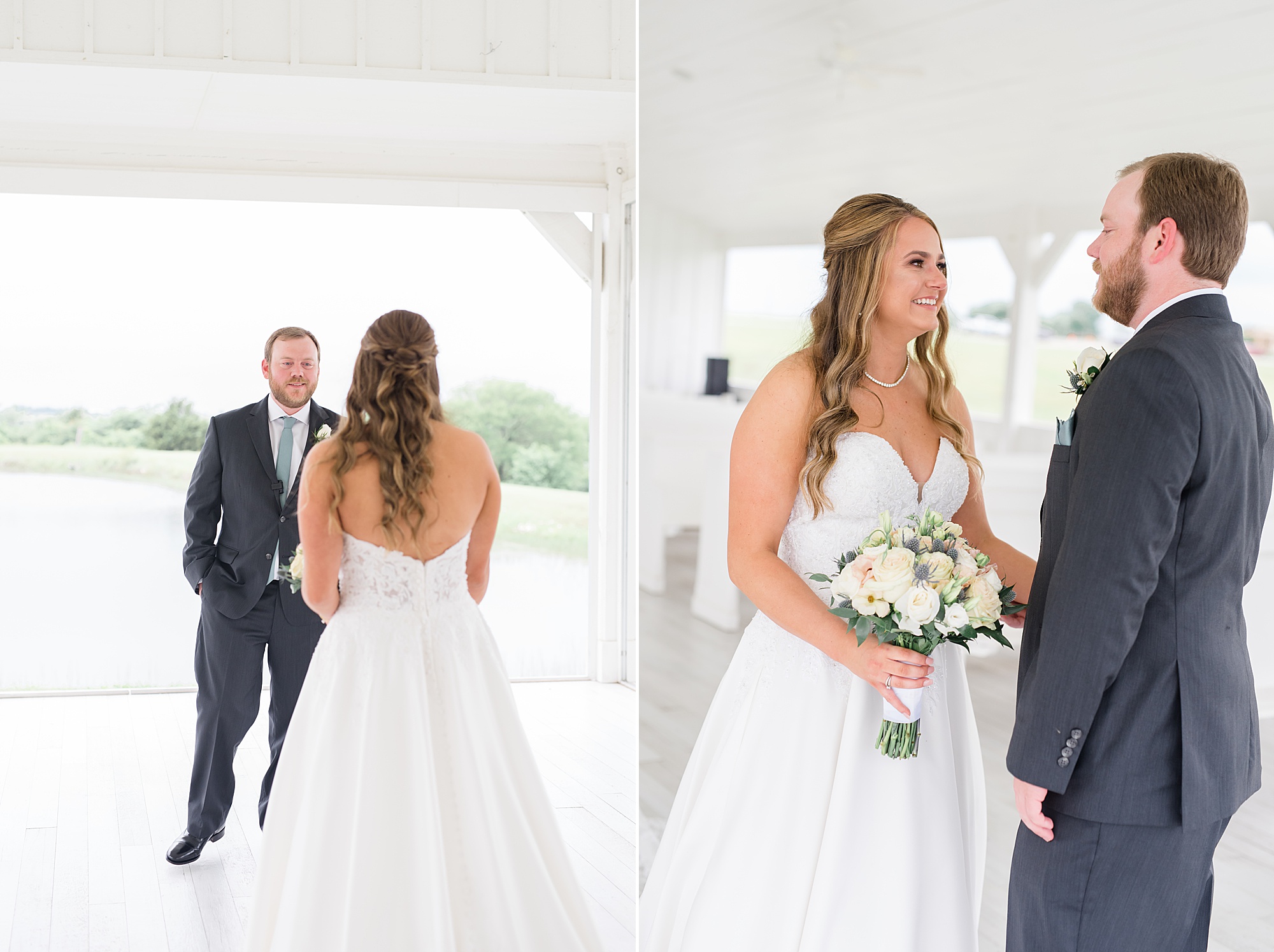 bride and groom see each other during first look in Texas