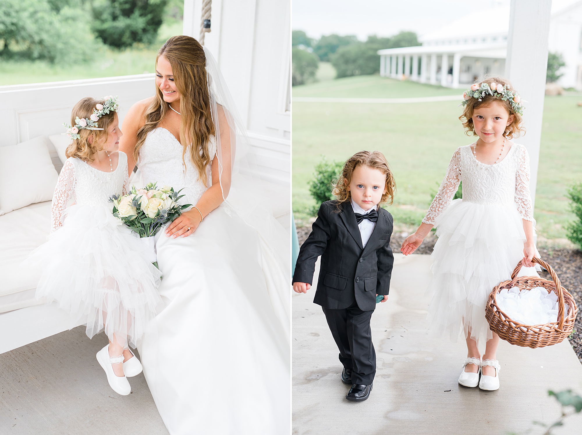 bride sits with flower girl and ring bearer 