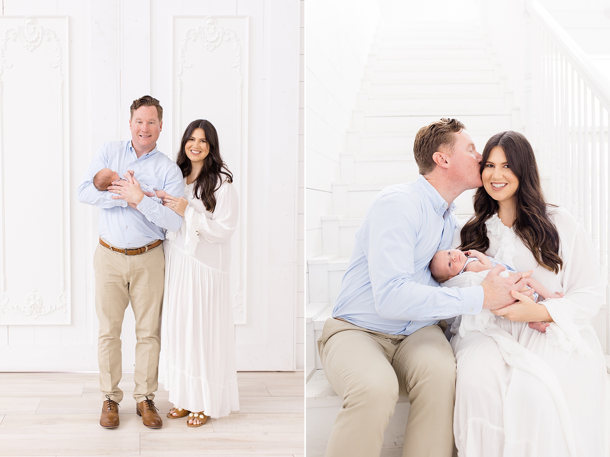 parents hold baby boy by white wall at The Nest at Ruth Farms