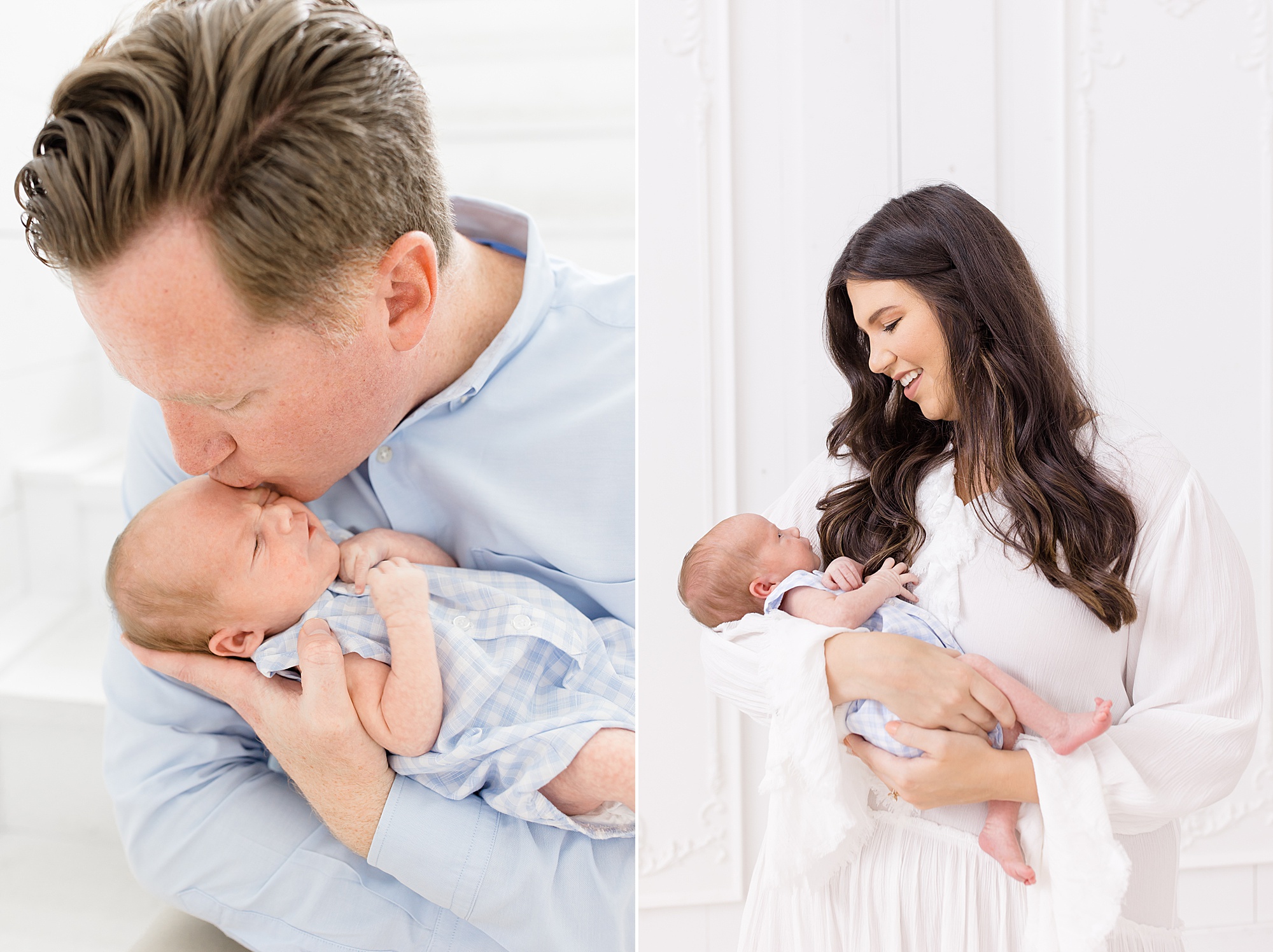 new parents look at baby boy during TX newborn session