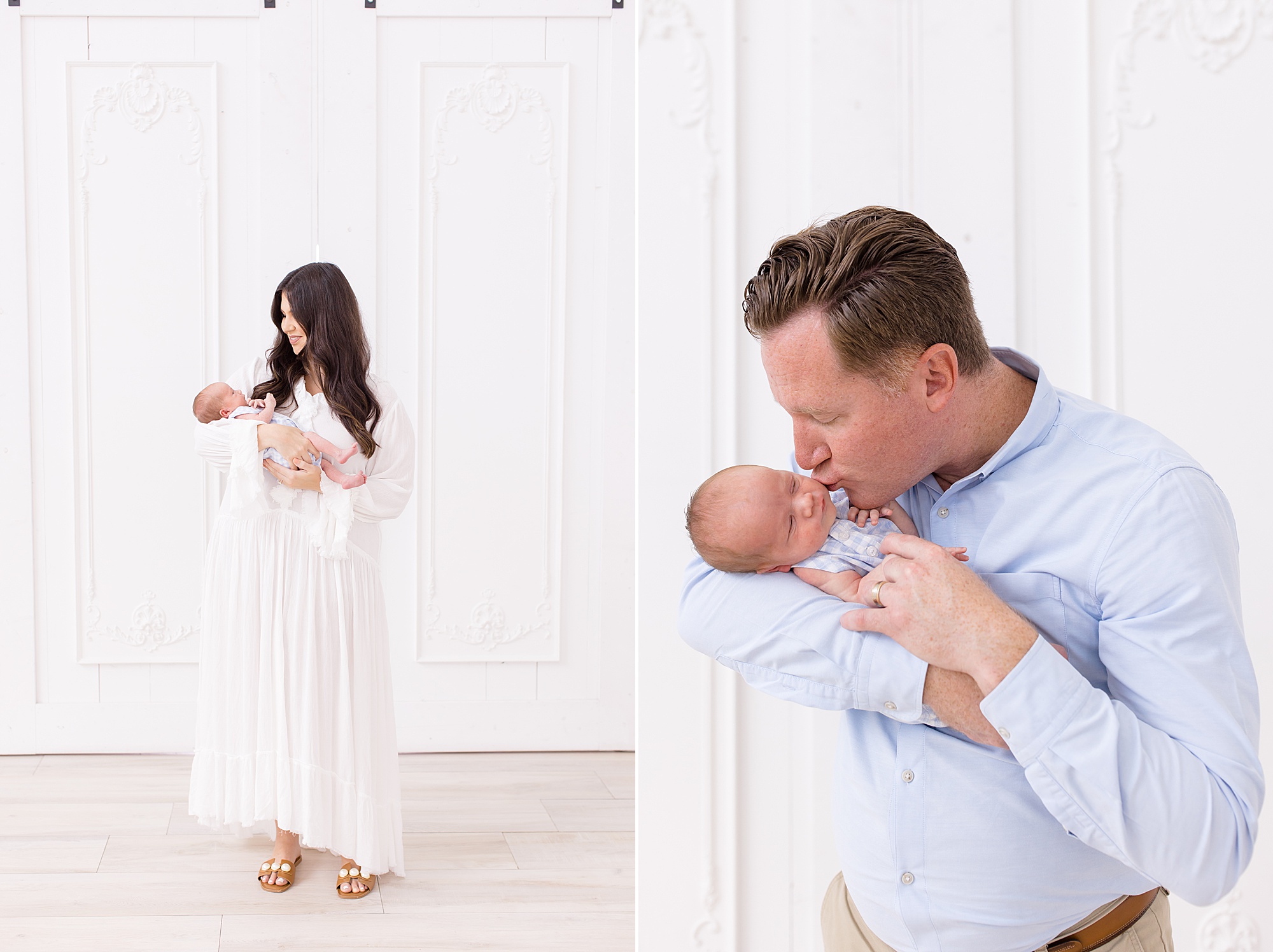 new parents kiss baby boy during newborn session