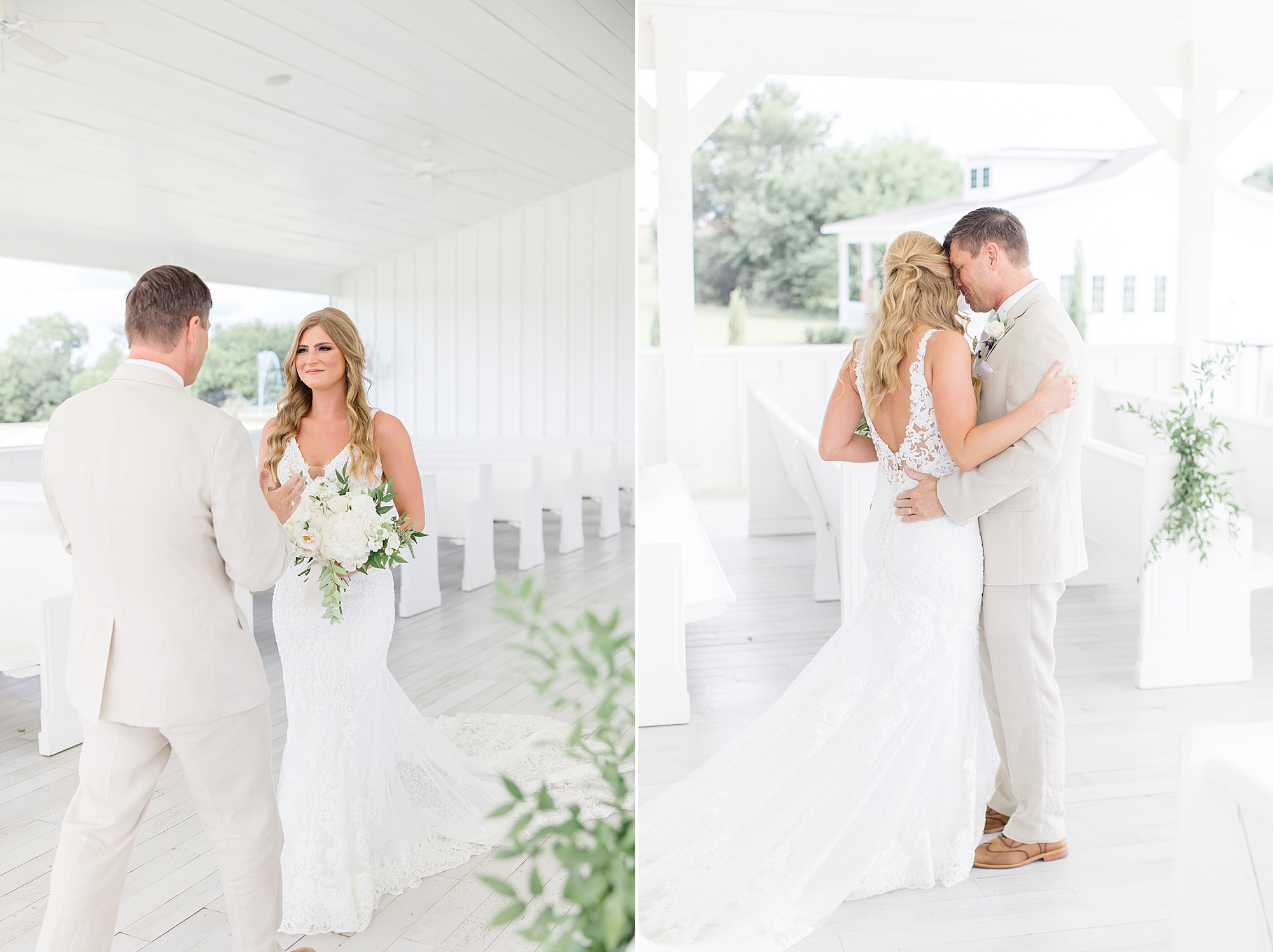 bride and groom have first look in Dallas TX