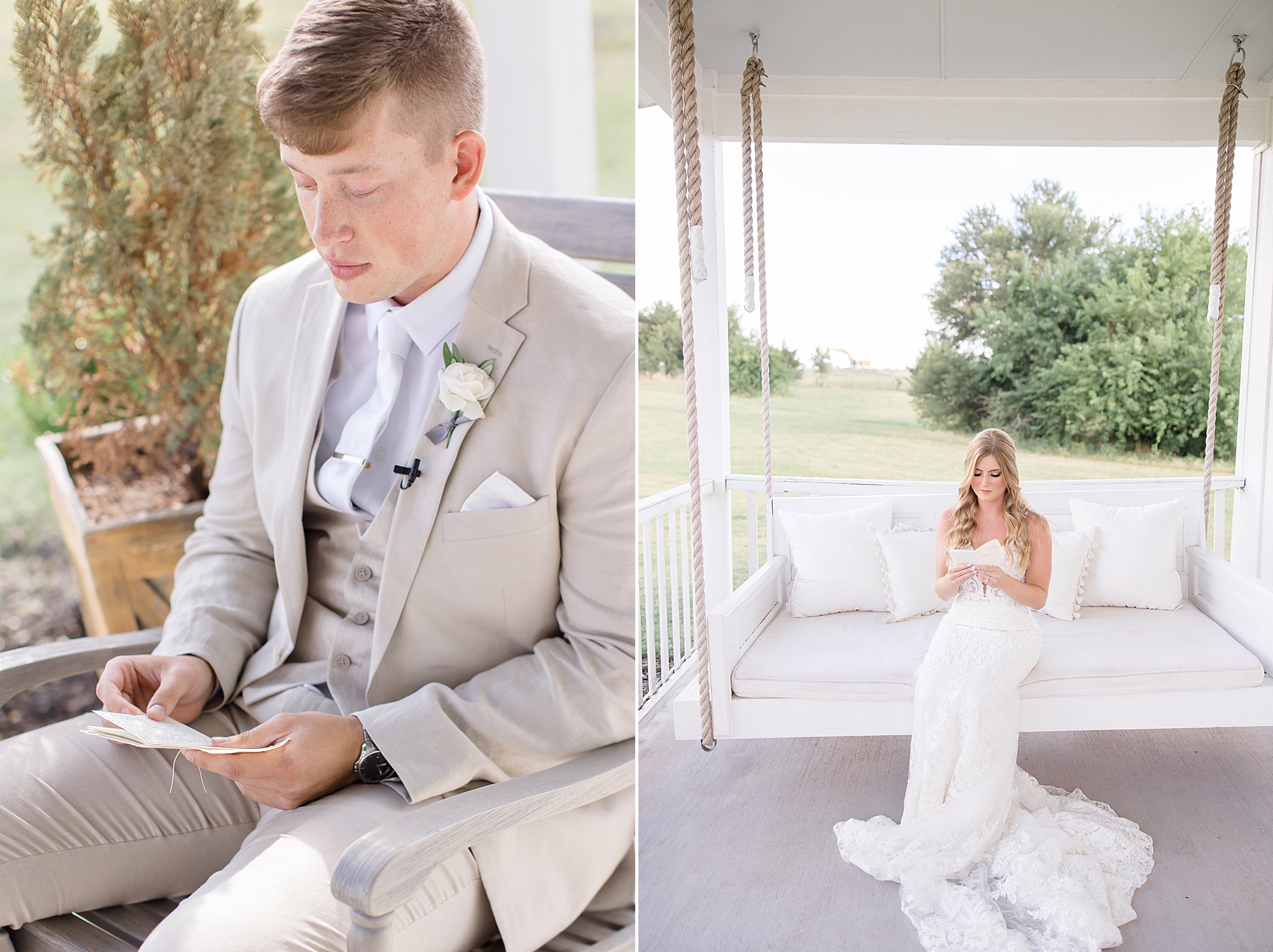 bride and groom read letters on TX wedding day