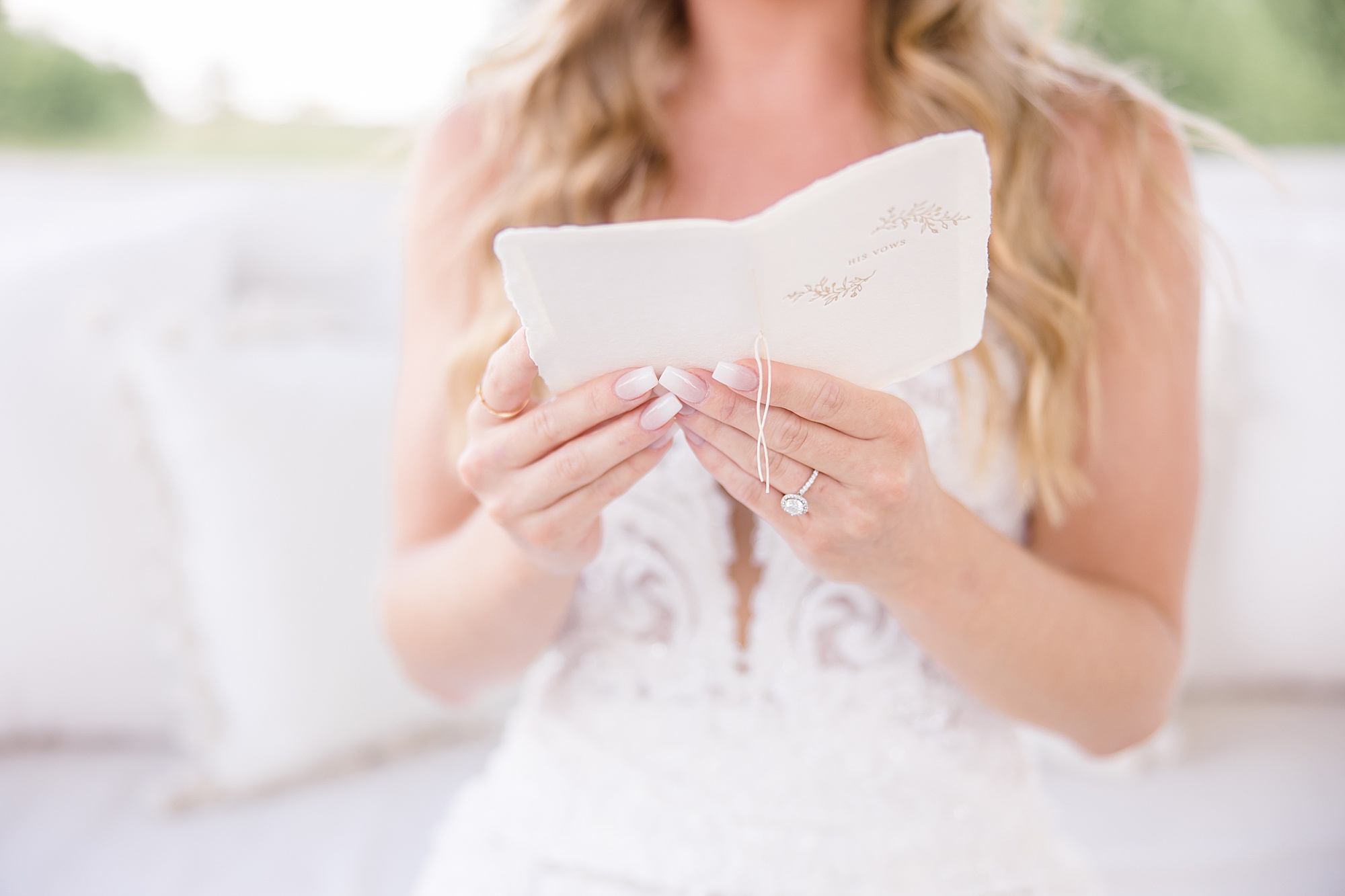 bride reads letter on wedding day in Texas