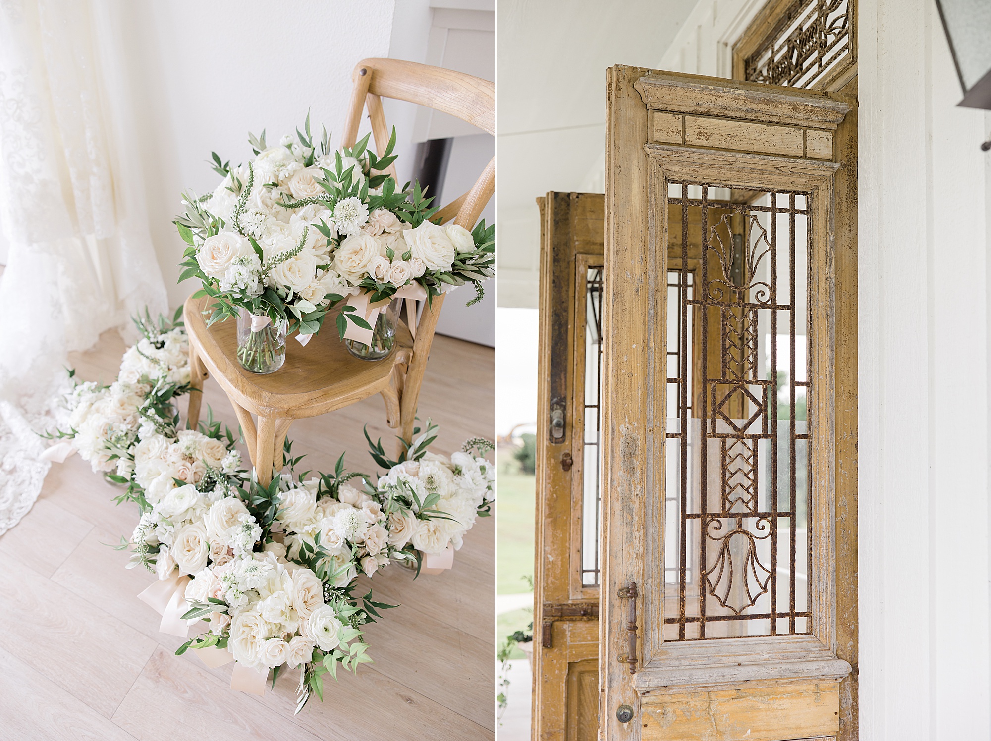 Texas wedding ceremony details with ivory flowers
