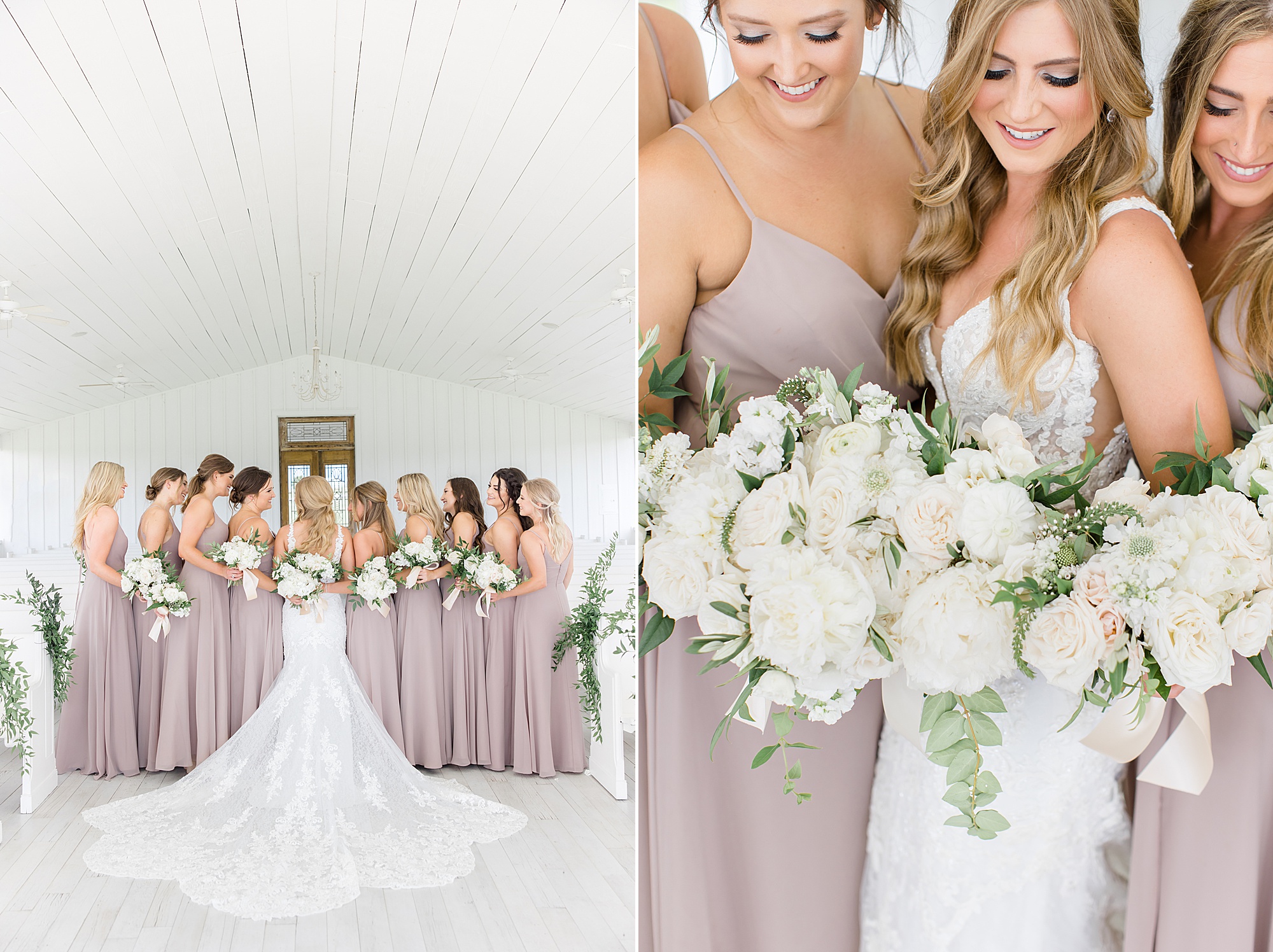 bride and bridesmaids hold bouquet of ivory flowers in Texas