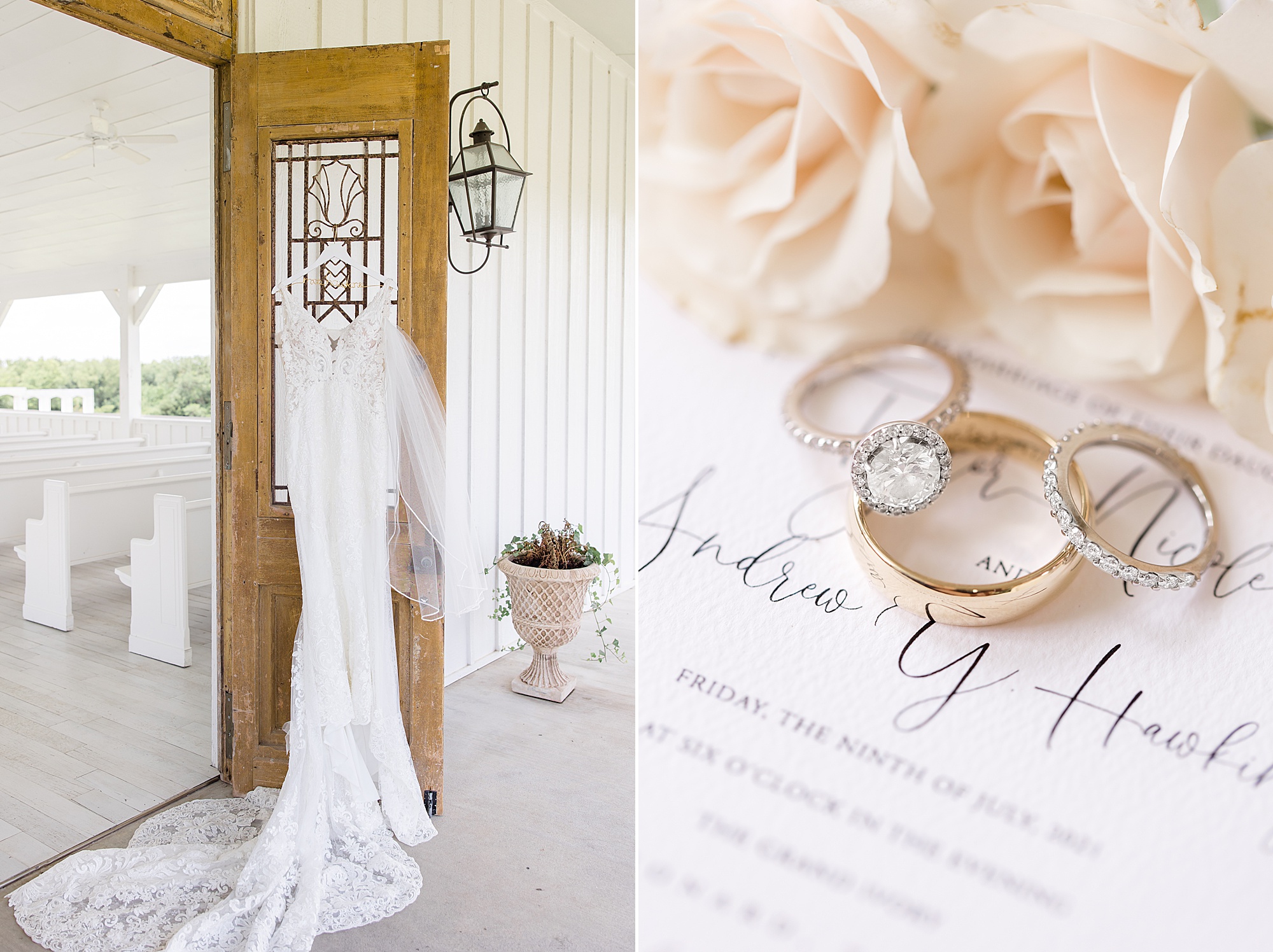 bride's wedding dress hangs on wooden door at the Grand Ivory