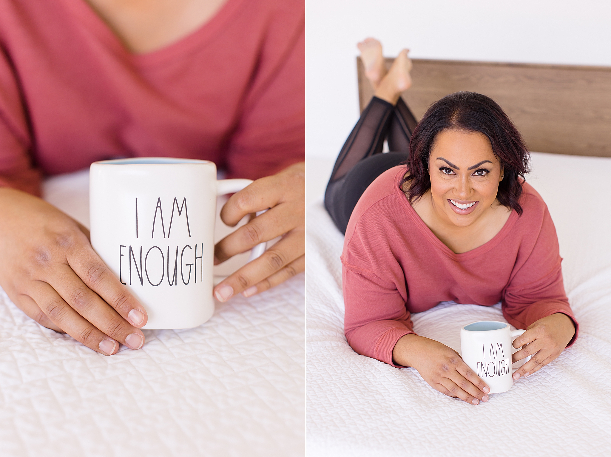 woman lays in bed with mug that says "i am enough"