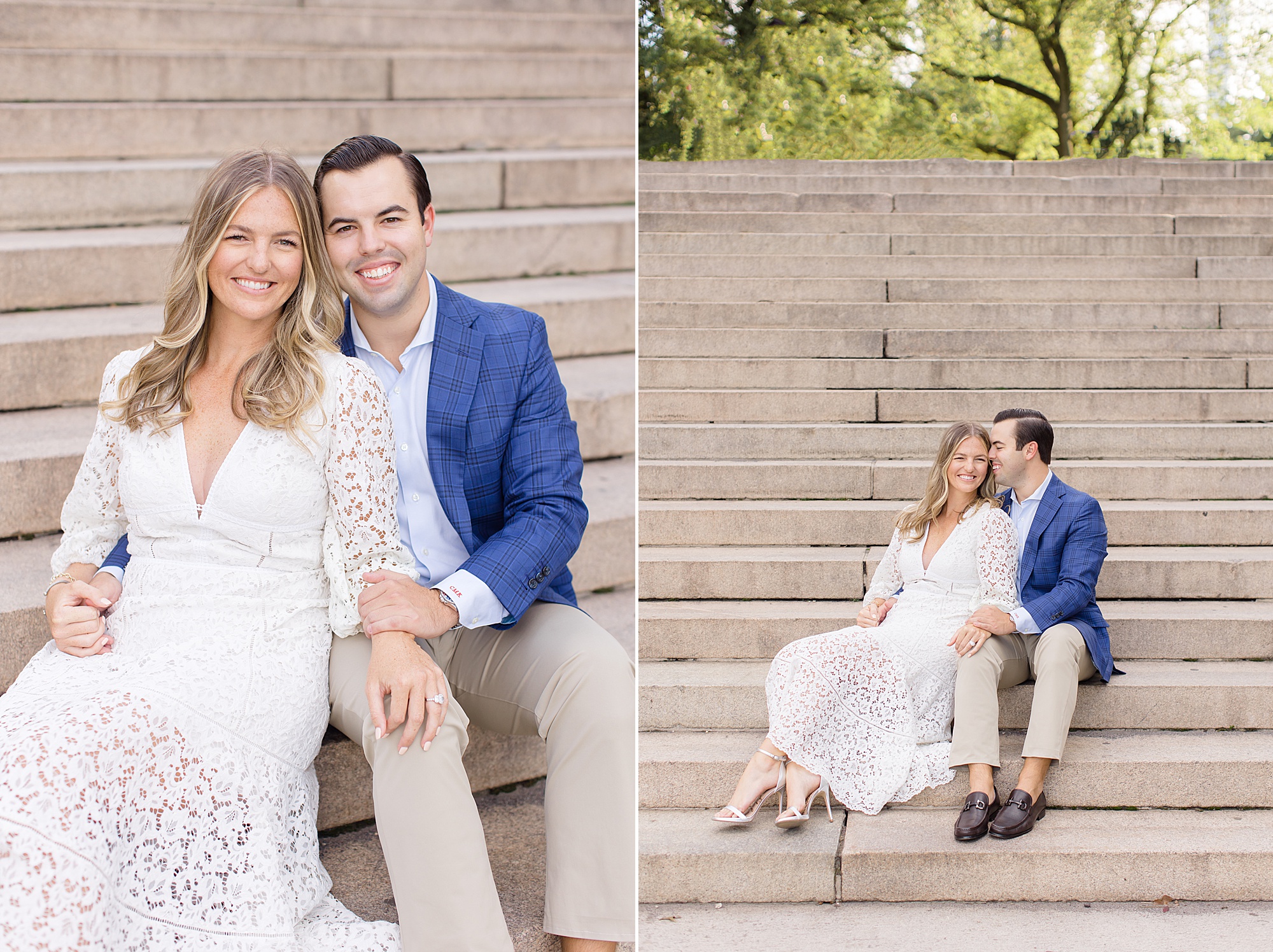 engaged couple sits on steps of Central Park