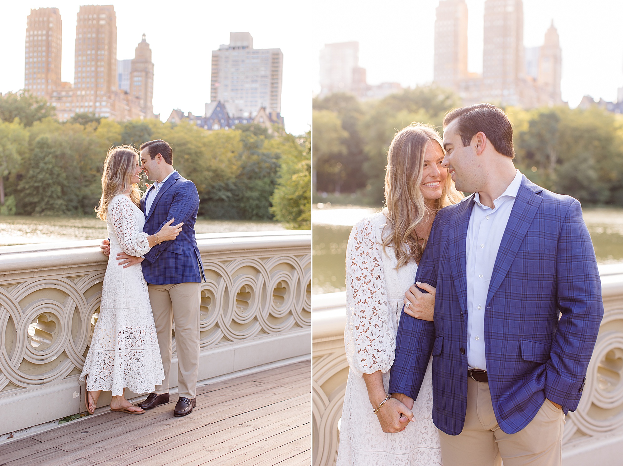 engaged couple stands on bridge in Central Park