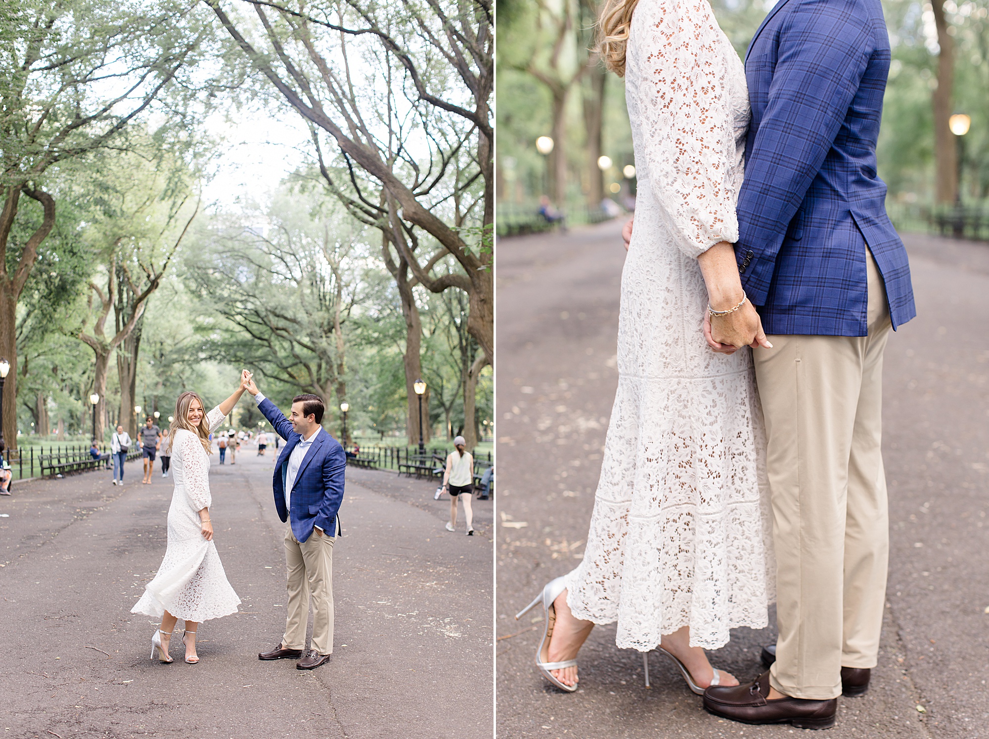 groom twirls bride during NYC engagement photos