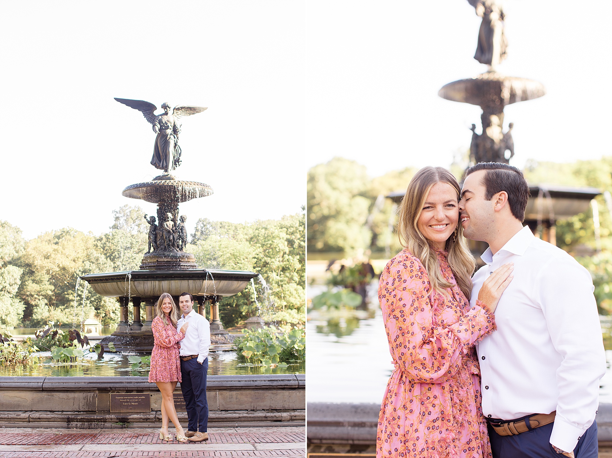 couple hugs in front of Bethesda Fountain in Central Park