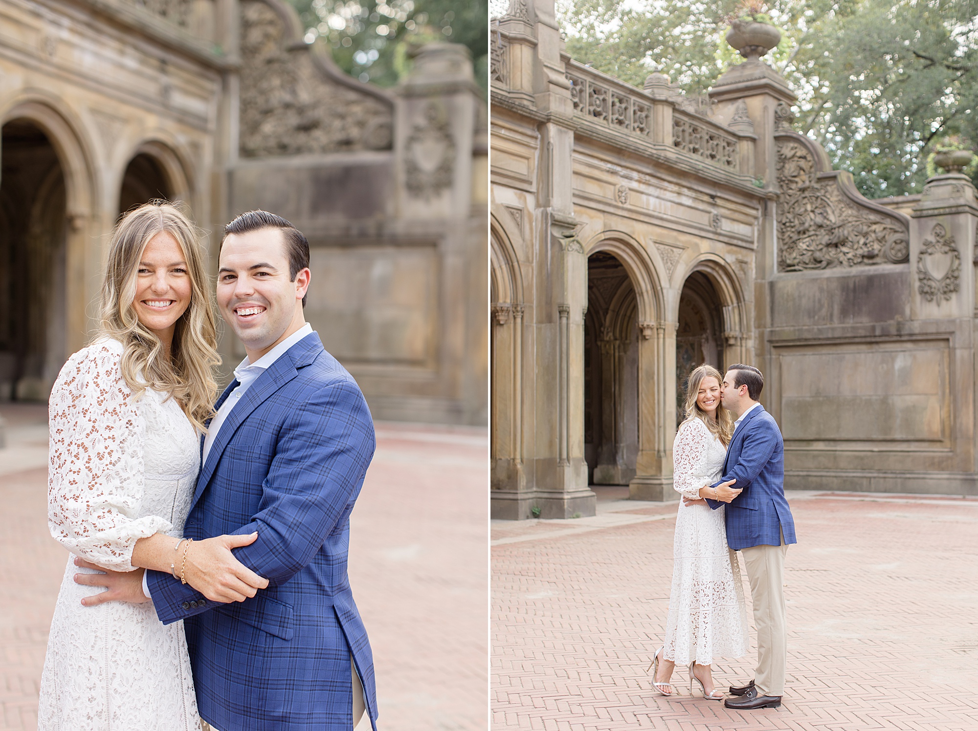 couple hugs during NYC engagement session in Central Park