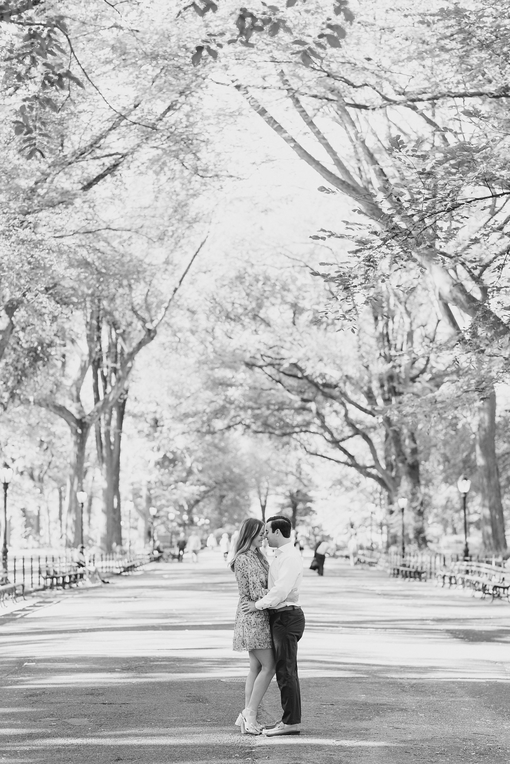 bride and groom stand in Central Park kissing