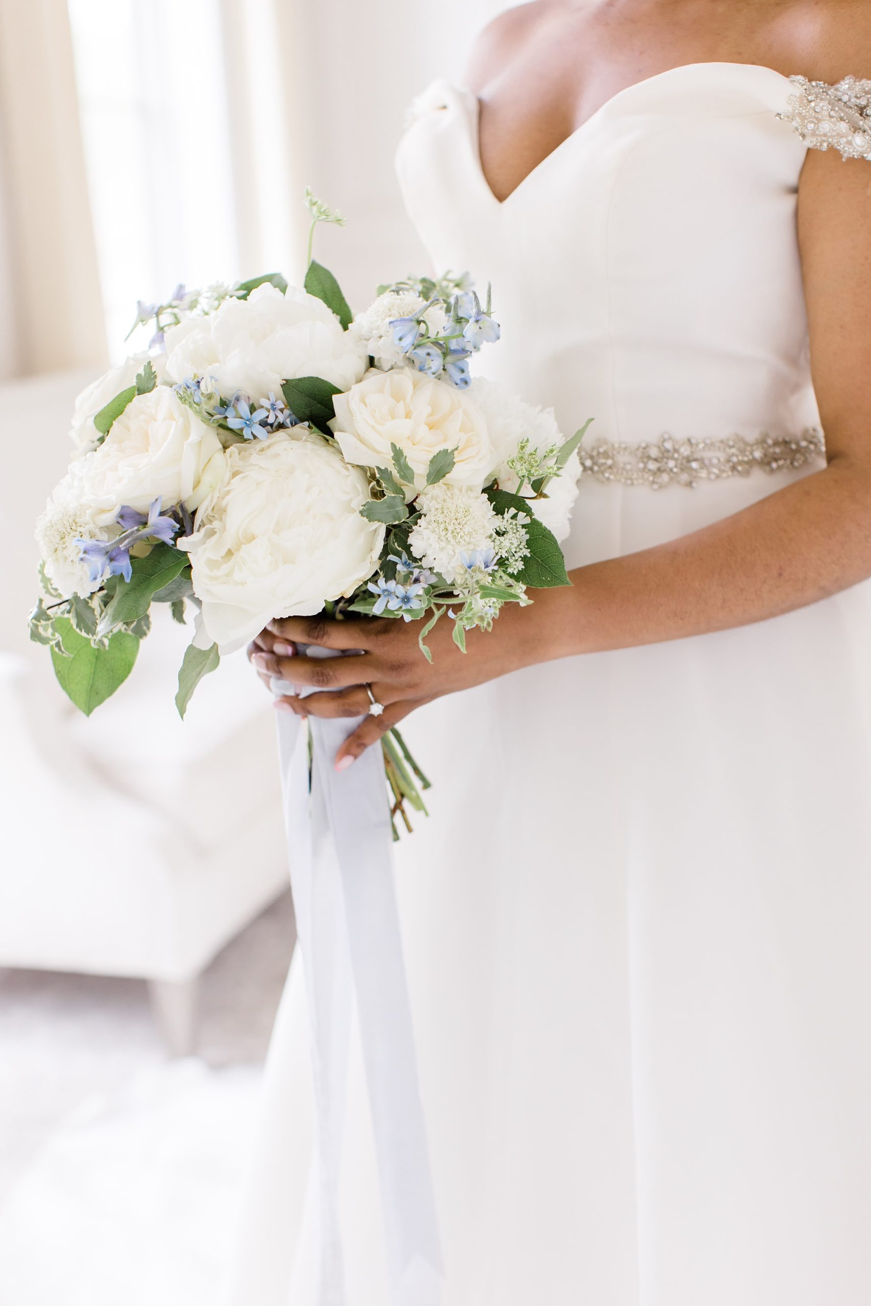 white and blue bouquet for bride in Dallas TX