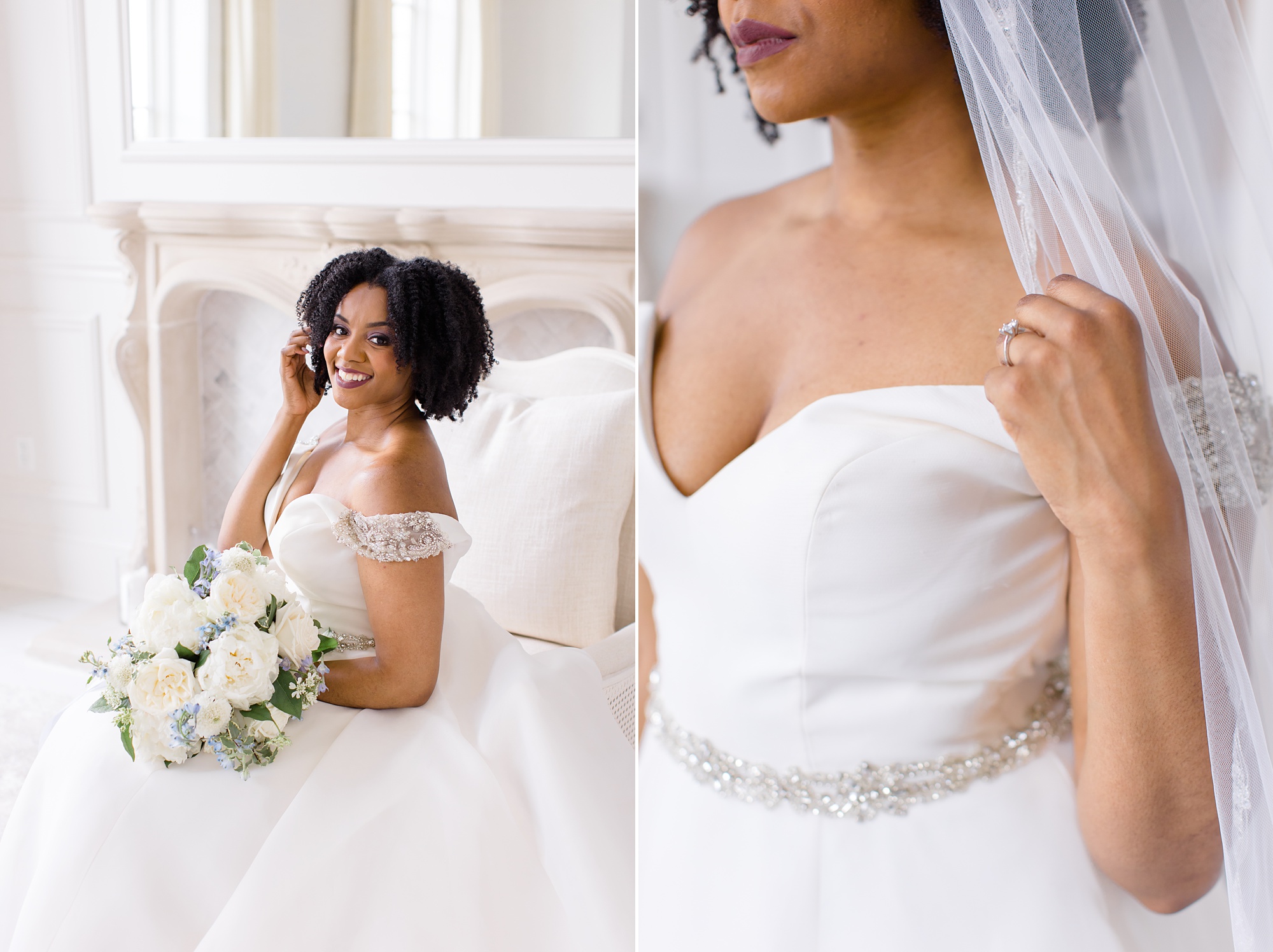 bride holds bouquet in lap during portraits in Dallas TX