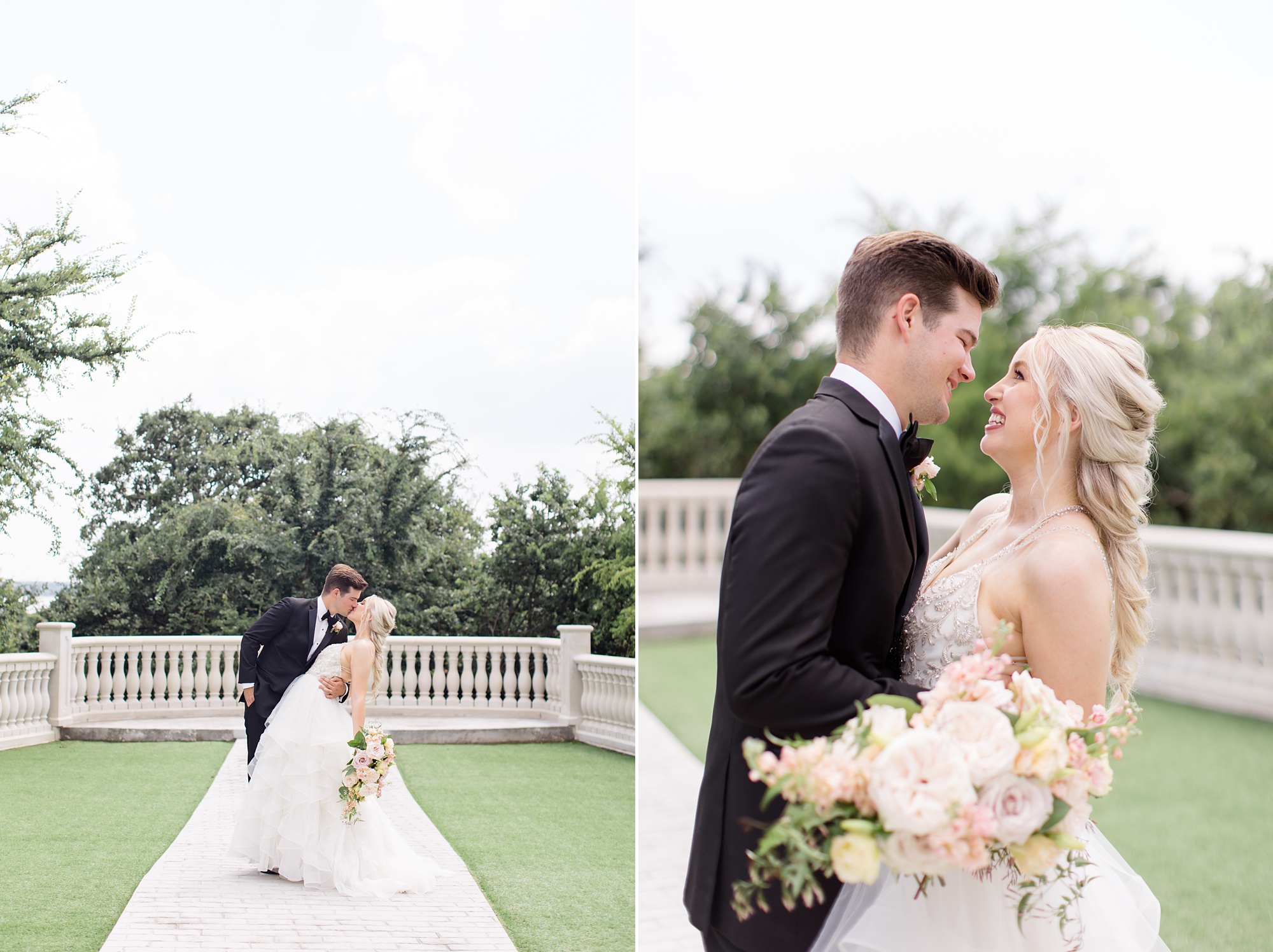 bride and groom hug during wedding photos in Dallas TX