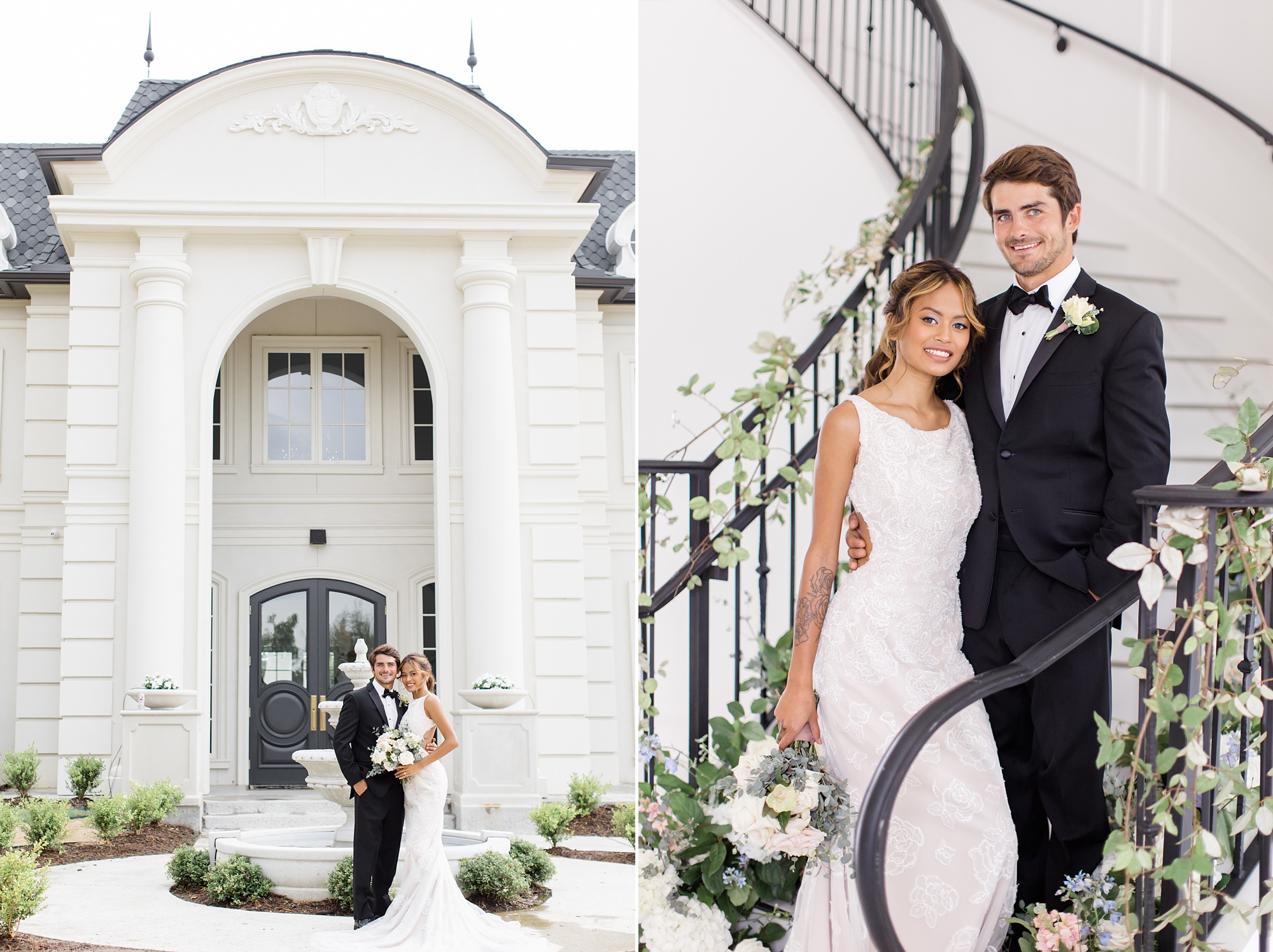 bride and groom pose on stairs of The Hillside Estate