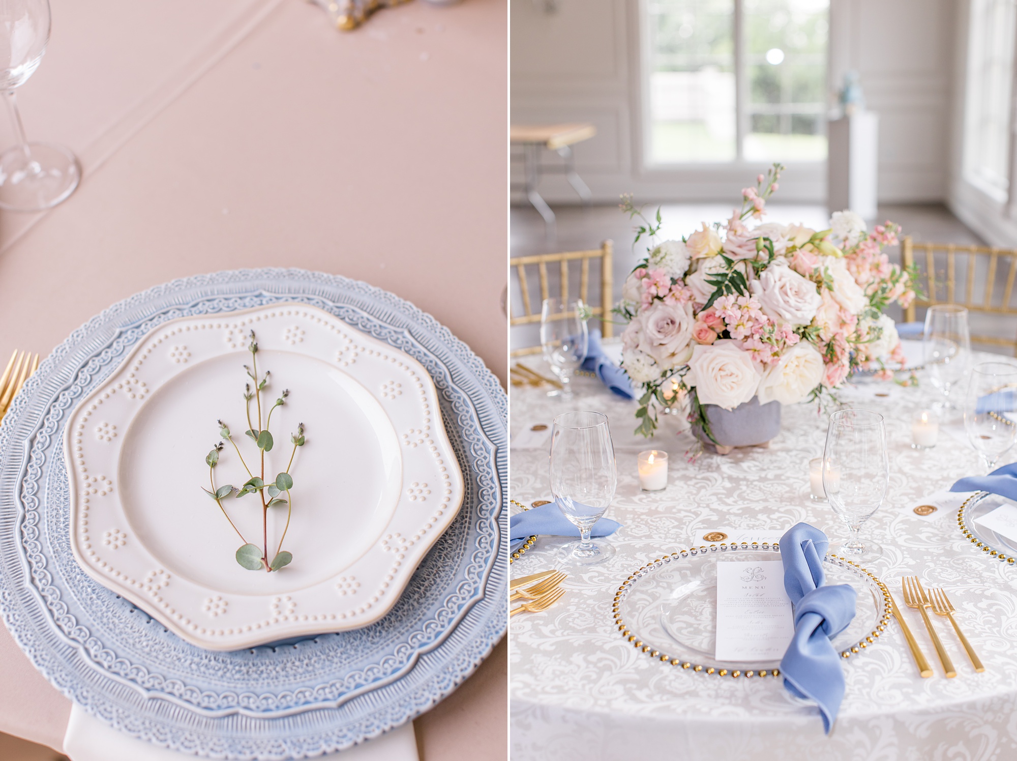 The Hillside Estate styled shoot reception setup with pink and blue details 