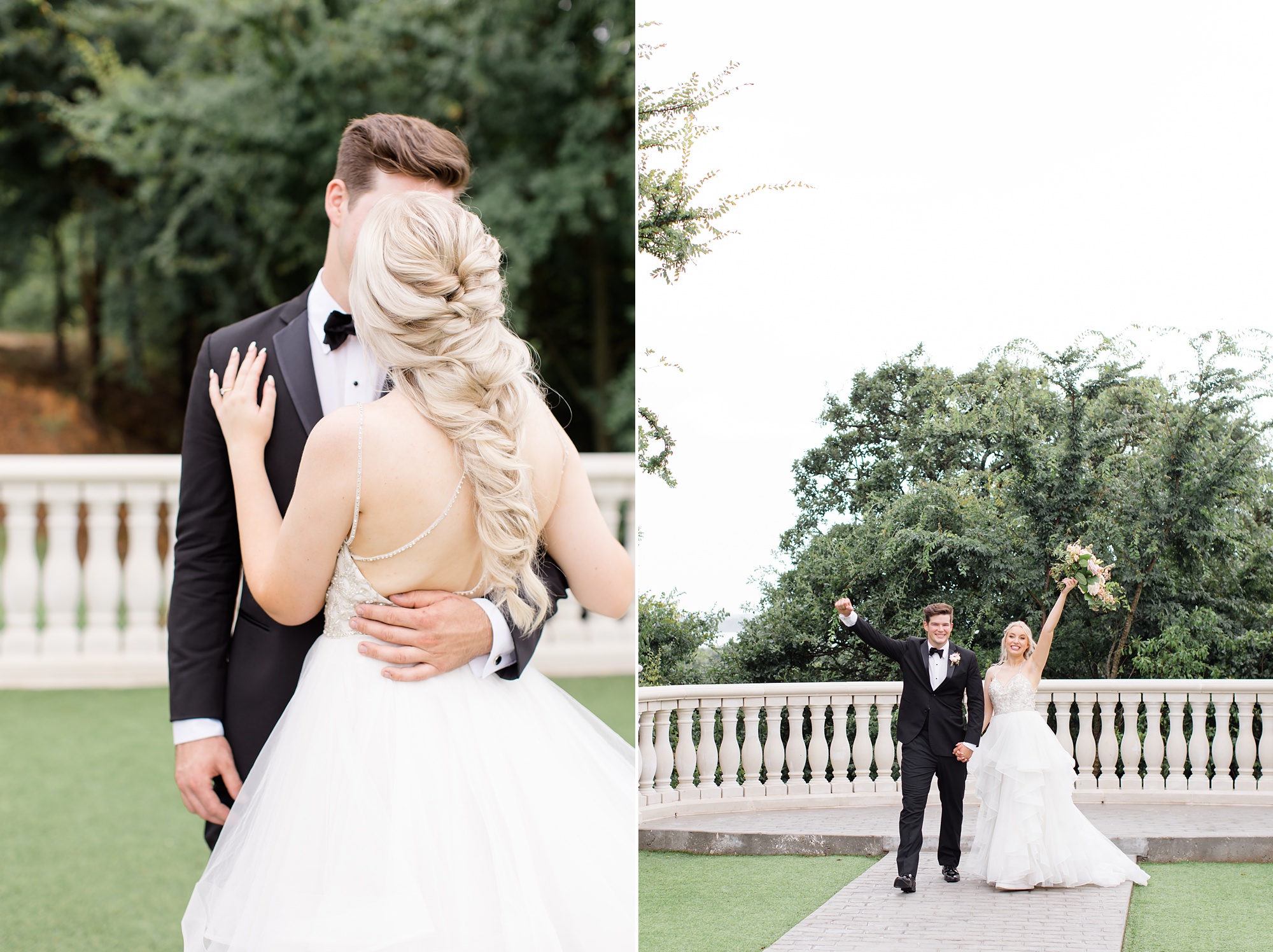 bride and groom cheer during portraits on patio at The Hillside Estate