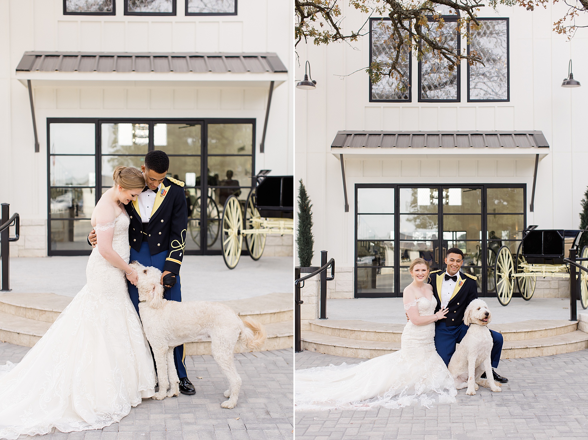 bride and groom pose with dog on Bella Cavalli wedding day