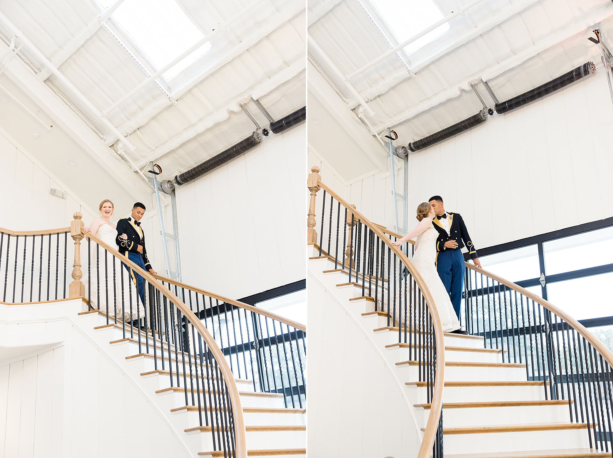 bride and groom kiss on steps during Aubrey TX wedding reception