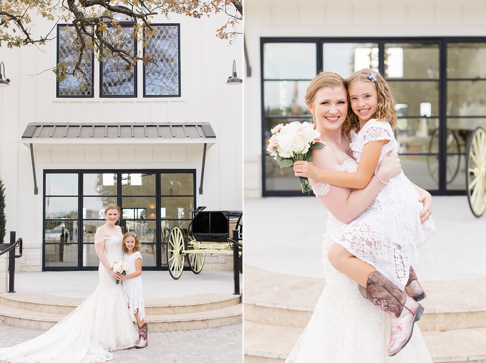 bride holds flower girl during portraits in Texas